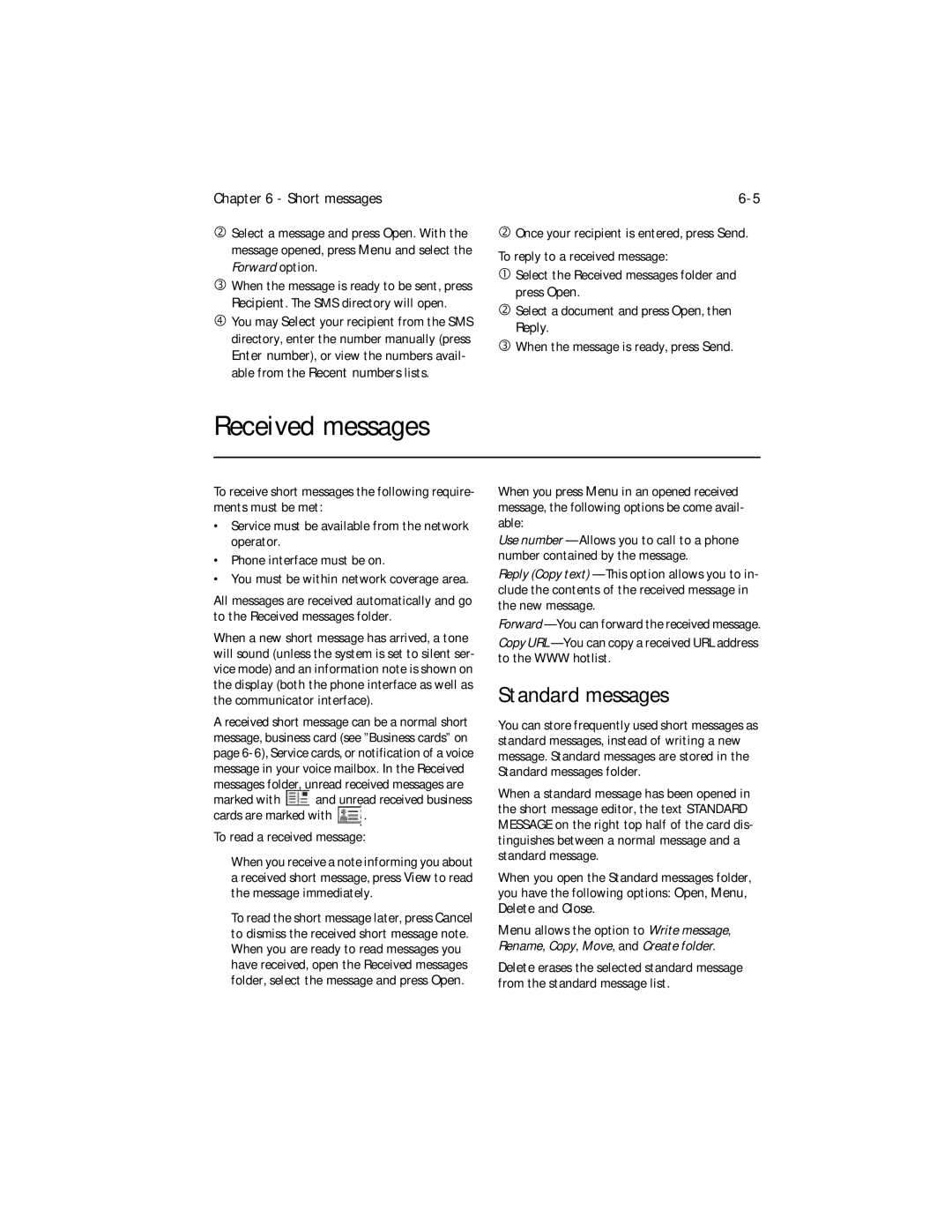 Nokia 9000i owner manual Received messages, Standard messages 