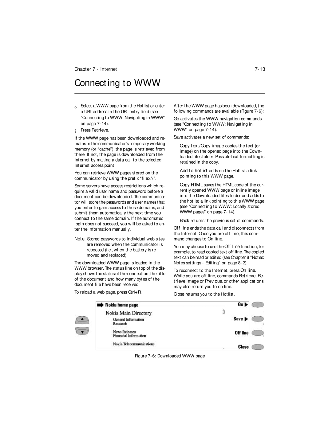 Nokia 9000i owner manual Connecting to WWW, To reload a web page, press Ctrl+R, Back returns the previous set of commands 