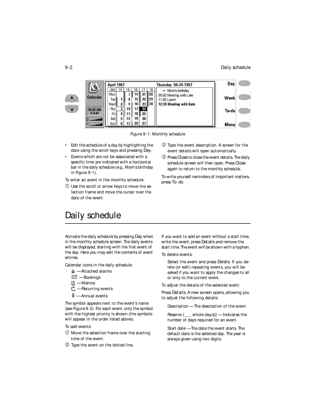 Nokia 9000i owner manual Daily schedule, To delete events, To adjust the details of the selected event 