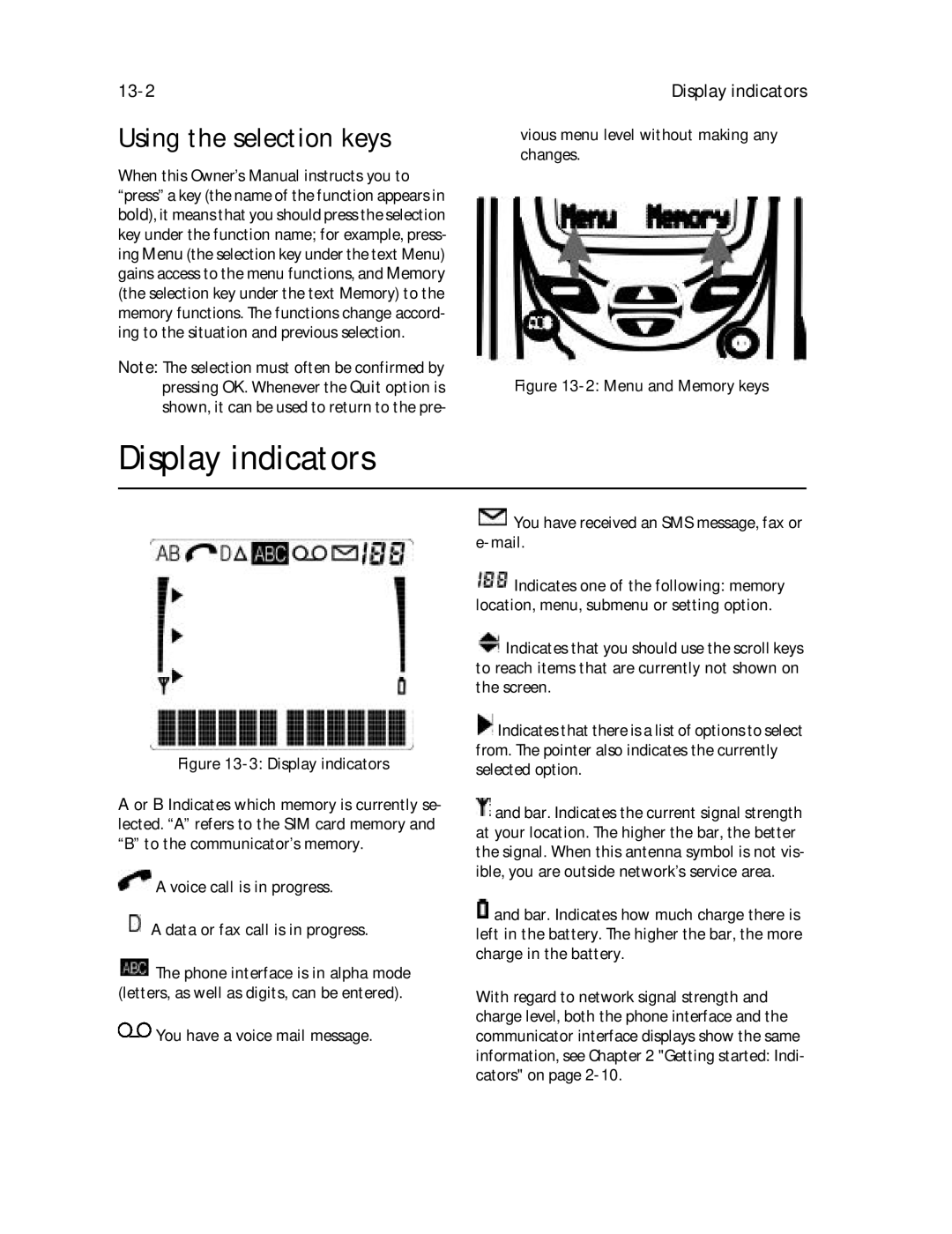 Nokia 9000il owner manual Display indicators, Using the selection keys, 13-2 