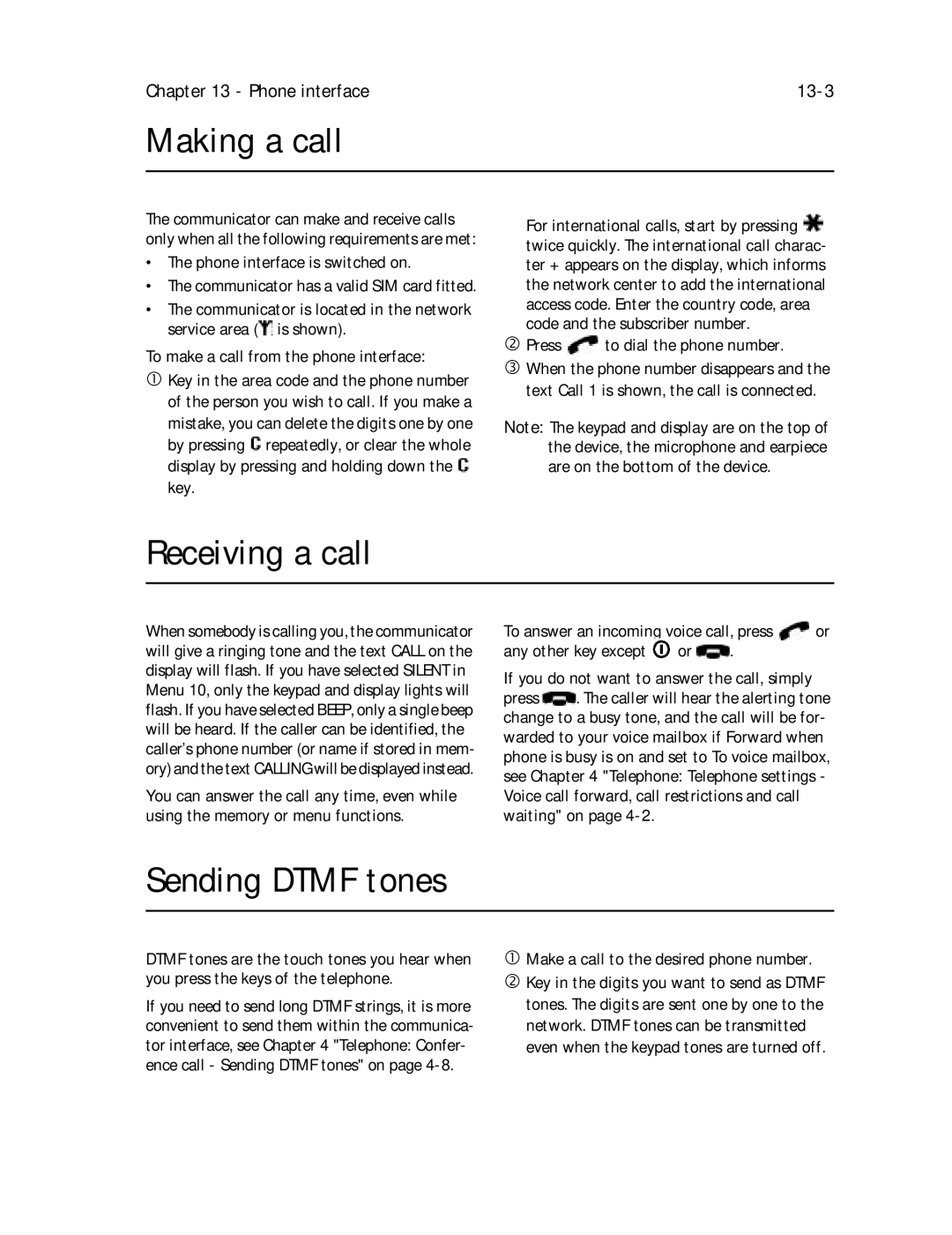 Nokia 9000il owner manual Receiving a call, Sending Dtmf tones, Phone interface 13-3 