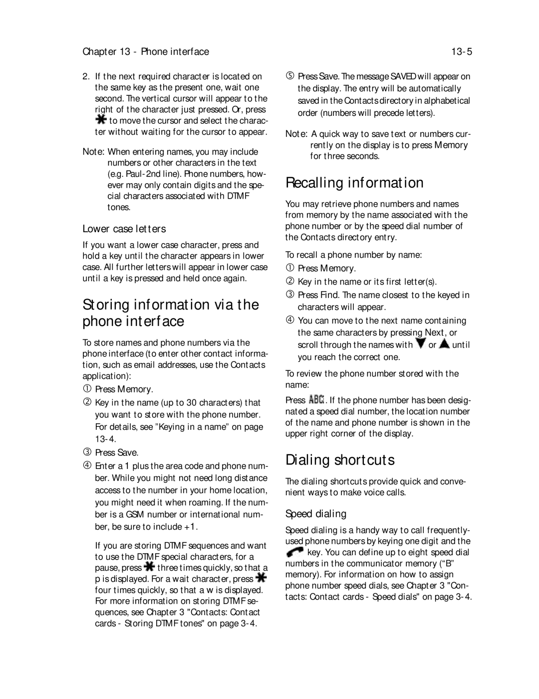 Nokia 9000il owner manual Recalling information, Dialing shortcuts, Phone interface 13-5, Lower case letters, Speed dialing 