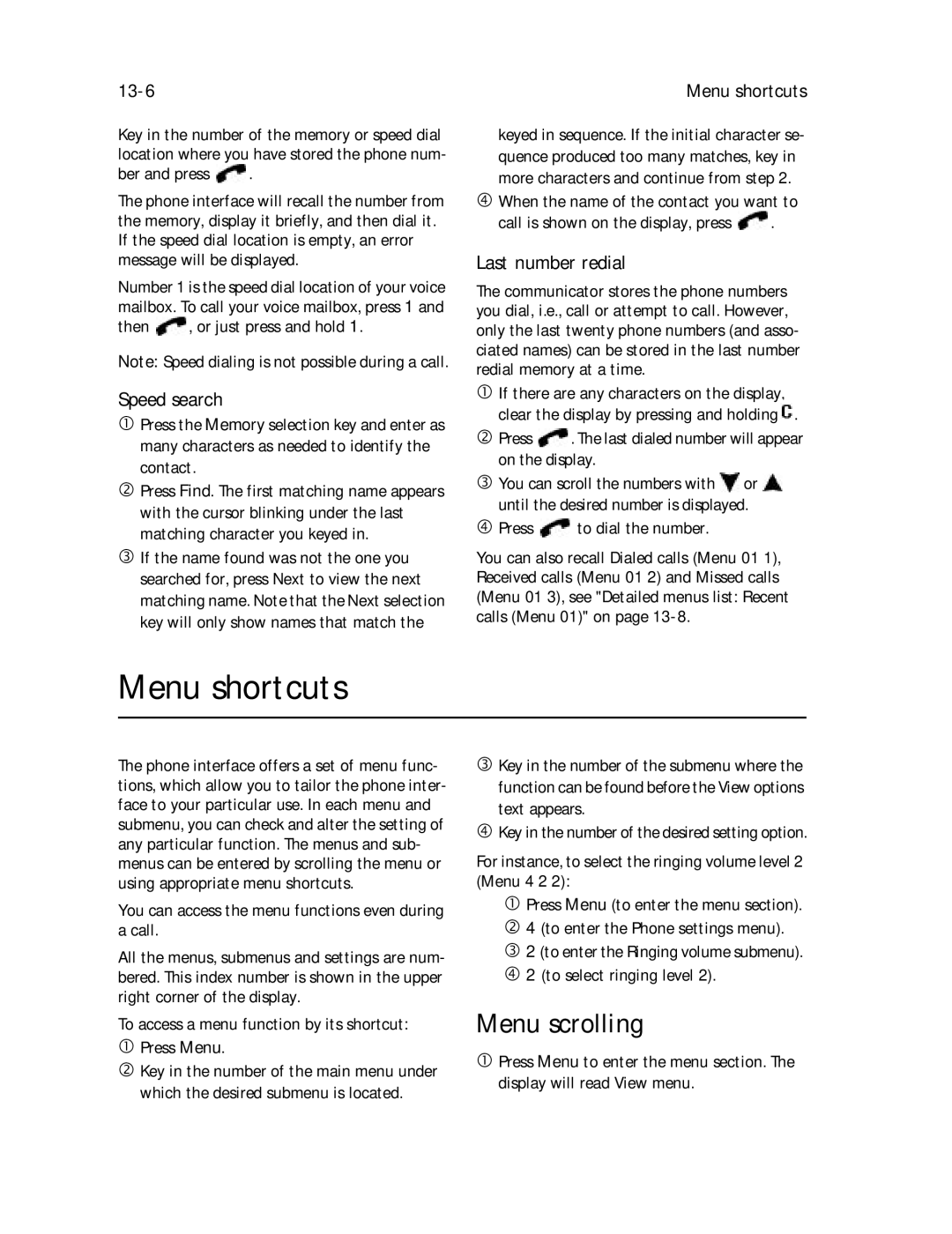 Nokia 9000il owner manual Menu shortcuts, Menu scrolling, 13-6, Speed search, Last number redial 