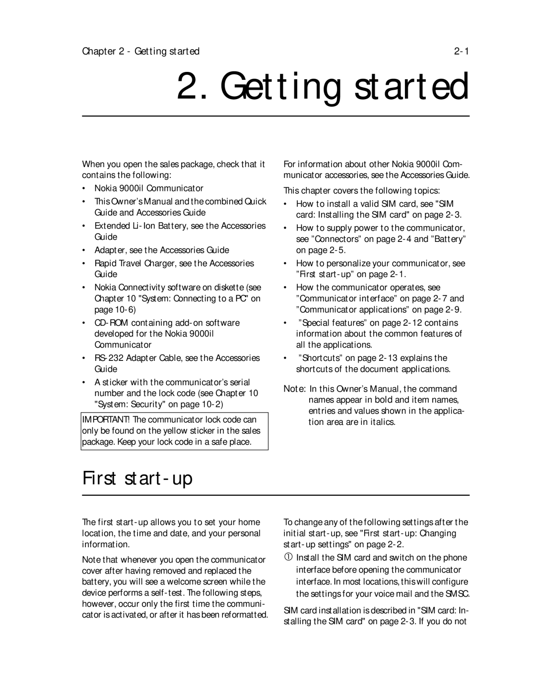 Nokia 9000il owner manual Getting started, First start-up, This chapter covers the following topics 