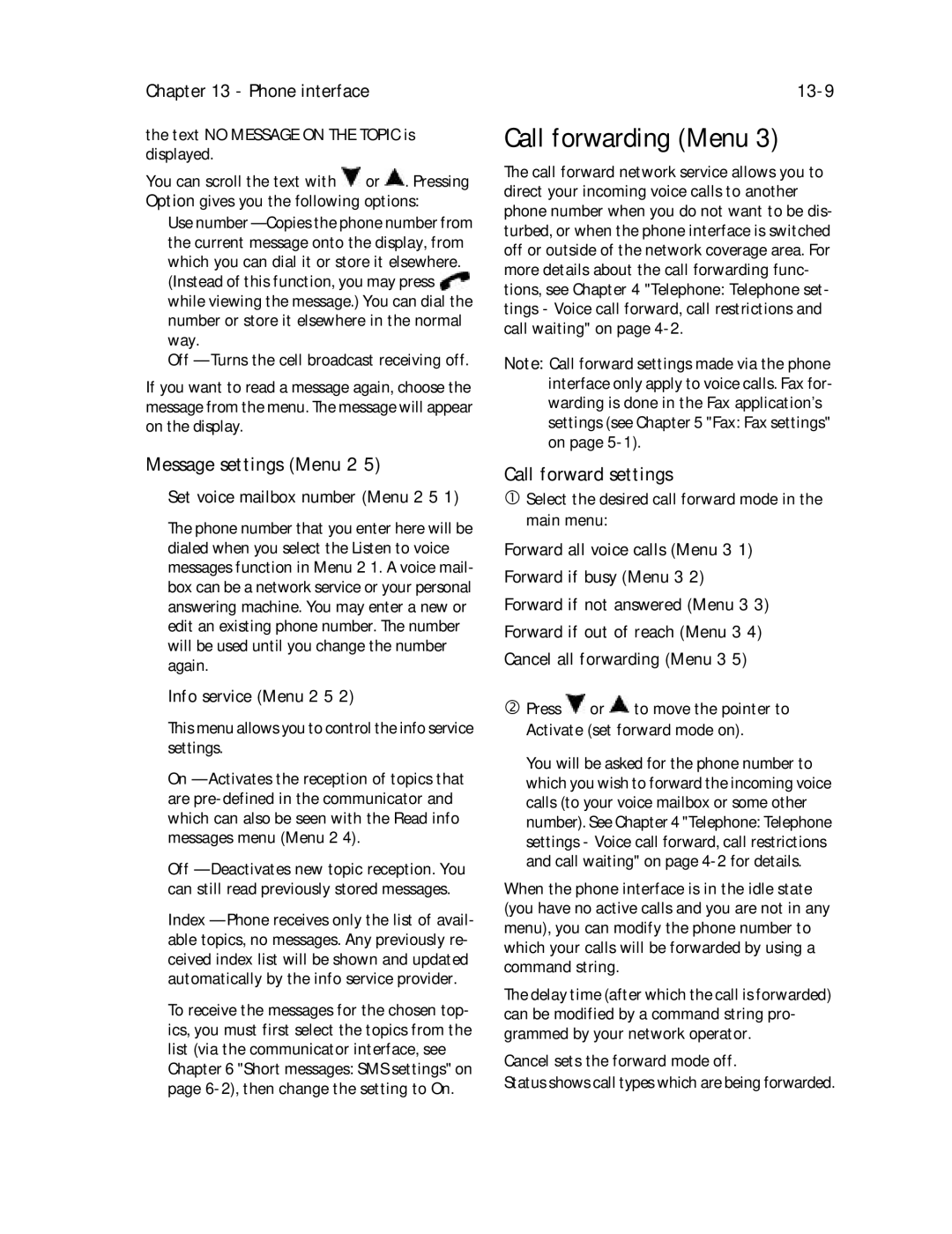 Nokia 9000il owner manual Call forwarding Menu, Message settings Menu 2, 13-9, Call forward settings 