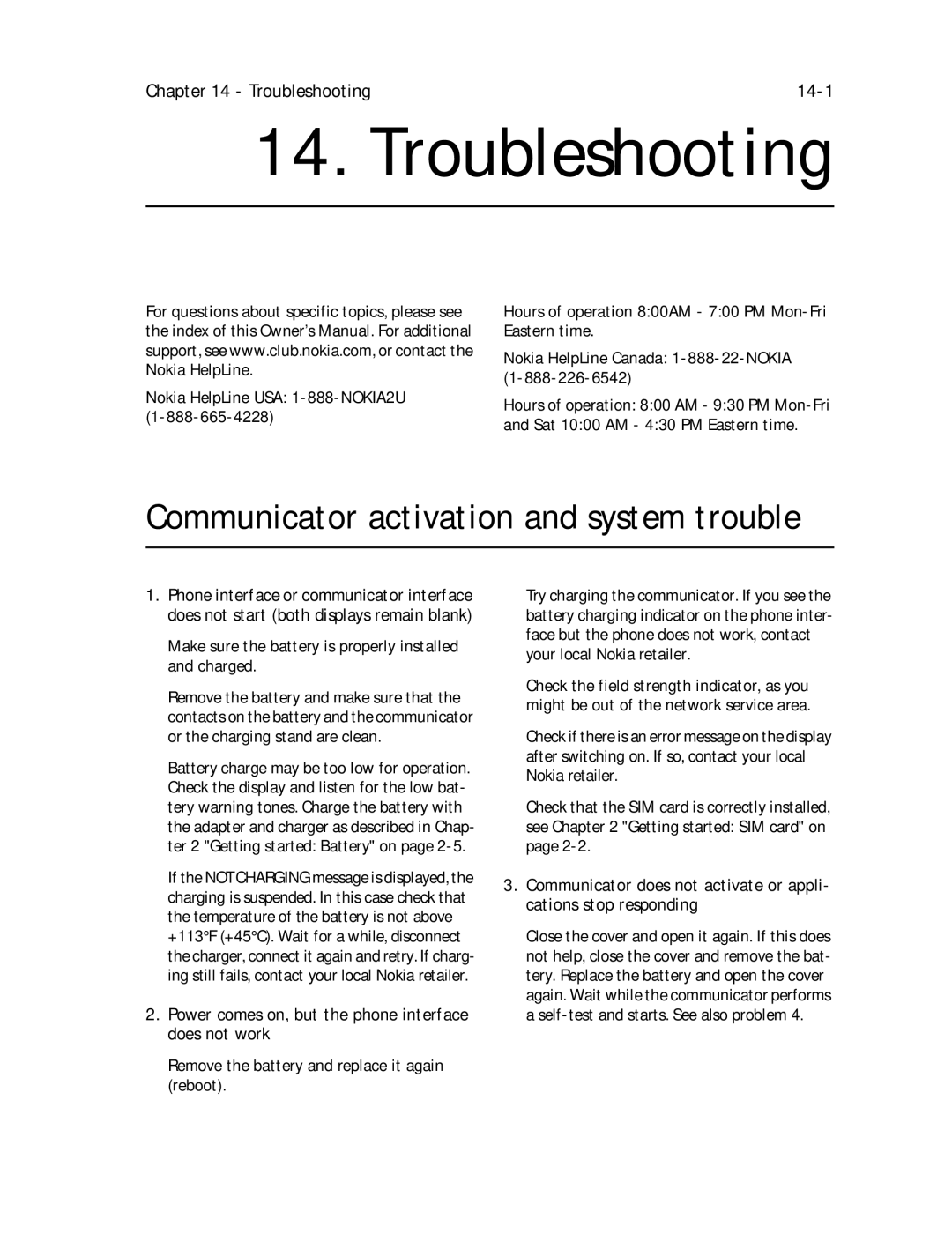 Nokia 9000il owner manual Communicator activation and system trouble, Troubleshooting 14-1 