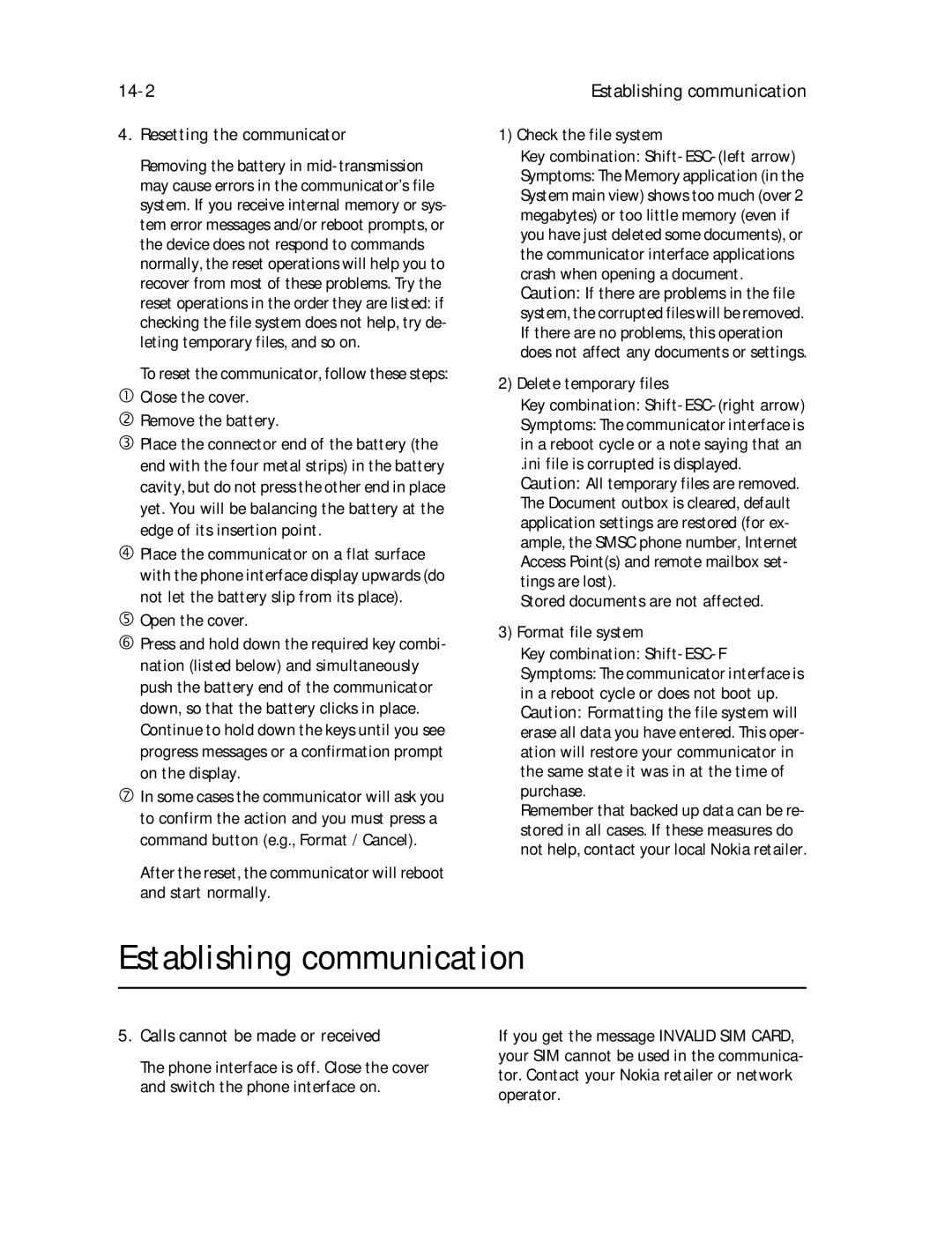 Nokia 9000il owner manual Establishing communication, 14-2, Resetting the communicator, Calls cannot be made or received 