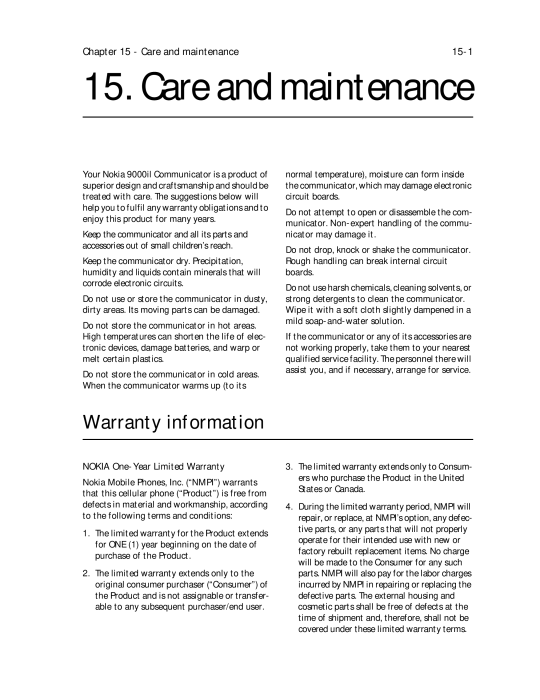 Nokia 9000il owner manual Warranty information, Care and maintenance 15-1, Nokia One-Year Limited Warranty 