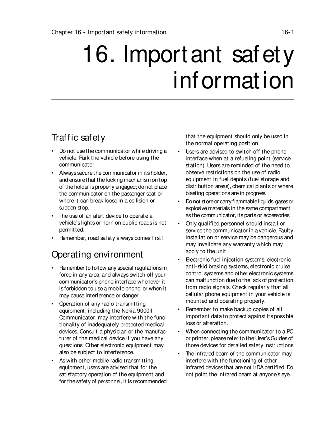 Nokia 9000il owner manual Traffic safety, Operating environment, Important safety information 16-1 