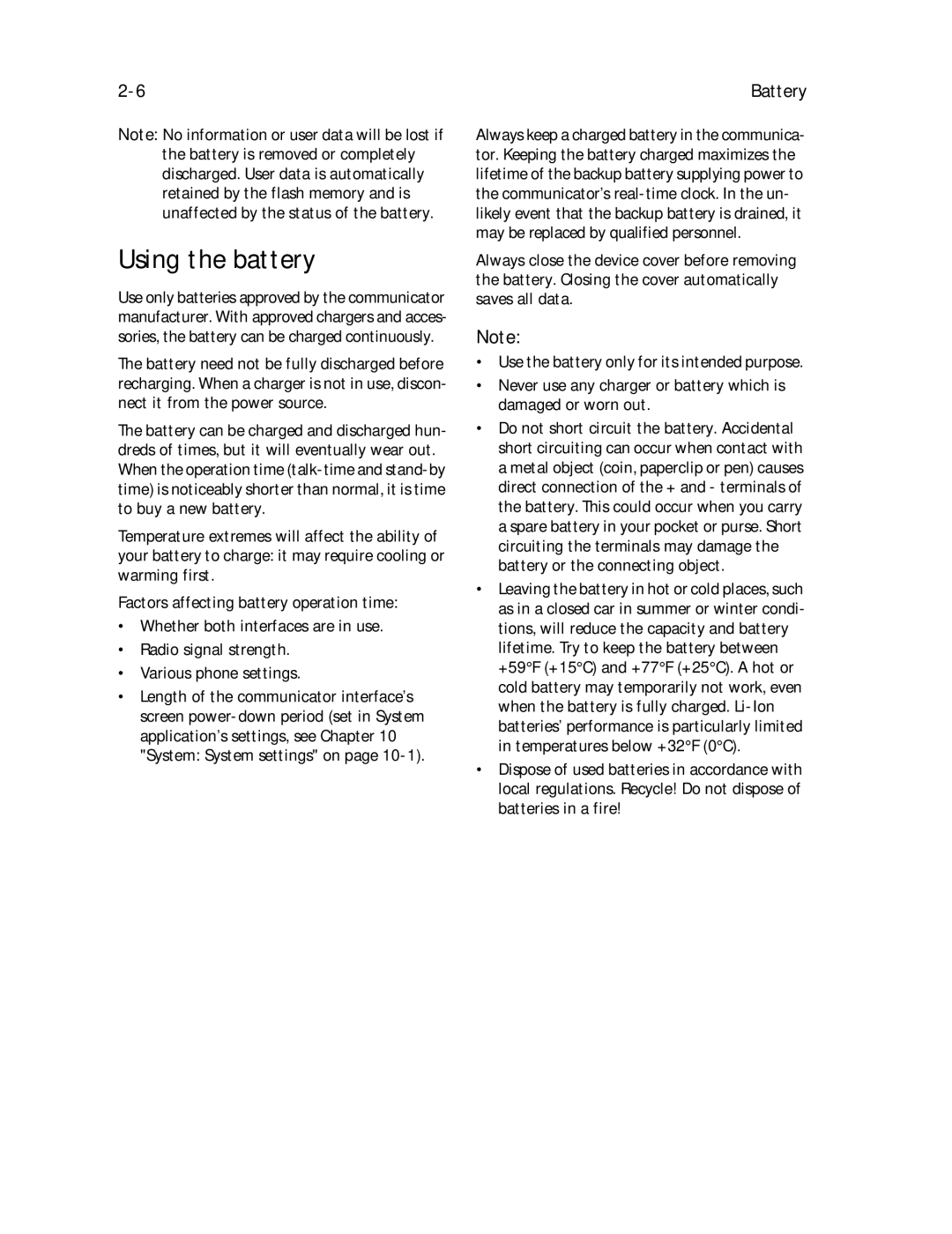 Nokia 9000il owner manual Using the battery, Battery 