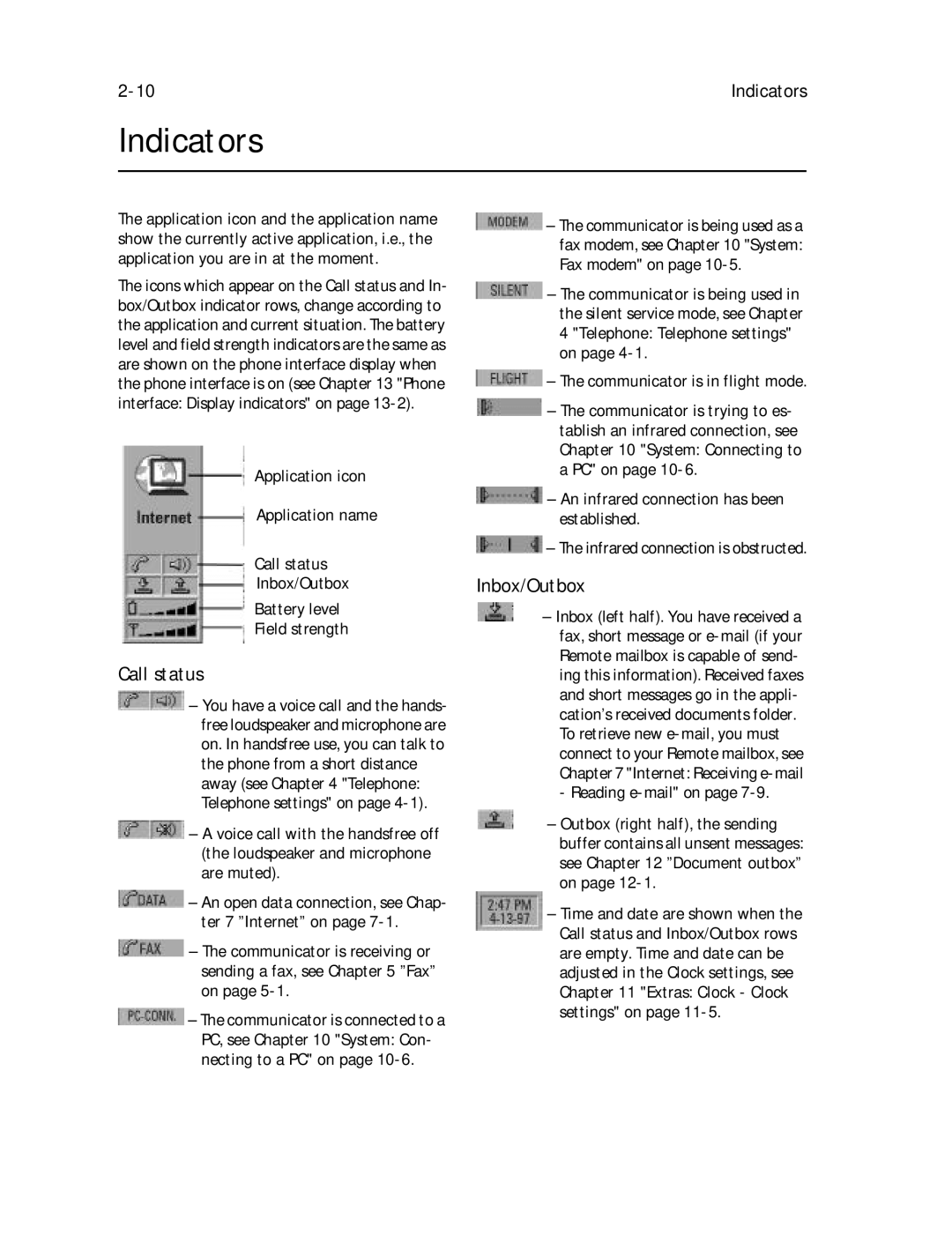 Nokia 9000il owner manual Indicators, Call status, Inbox/Outbox, Communicator is in flight mode 