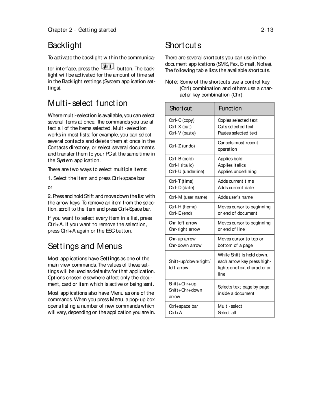 Nokia 9000il owner manual Backlight, Multi-select function, Settings and Menus, Shortcuts, Shortcut Function 