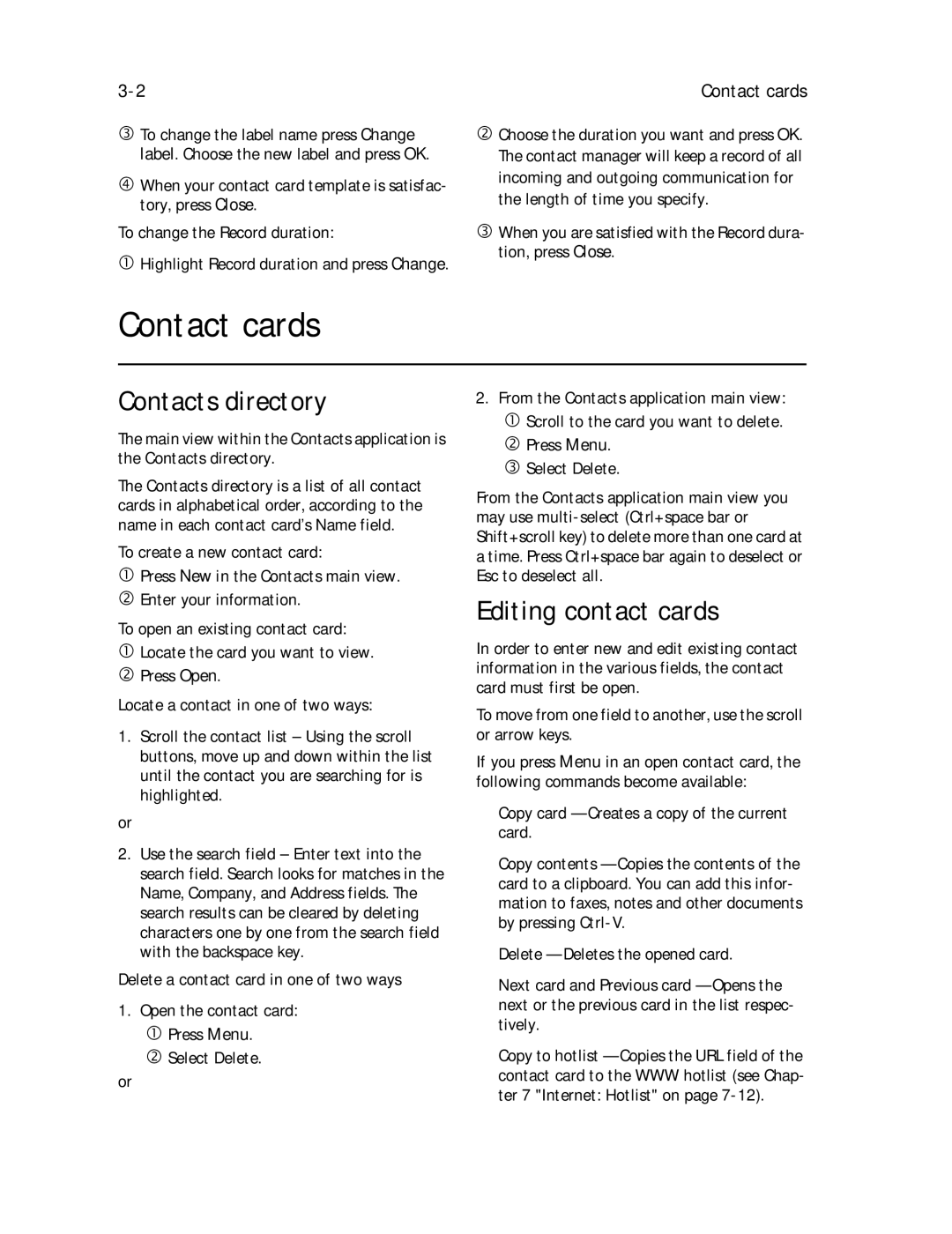 Nokia 9000il owner manual Contact cards, Contacts directory, Editing contact cards 