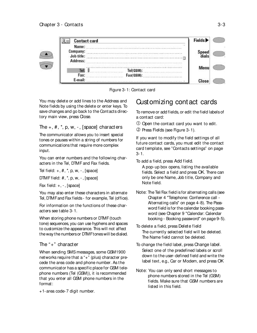 Nokia 9000il Customizing contact cards, +, #, *, p, w, -, space characters, + character, +1-area code-7 digit number 