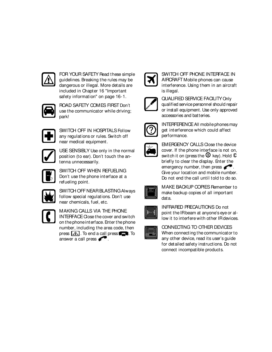 Nokia 9000il owner manual Don’t use the phone interface at a Refueling point, Switch OFF Near Blasting Always 