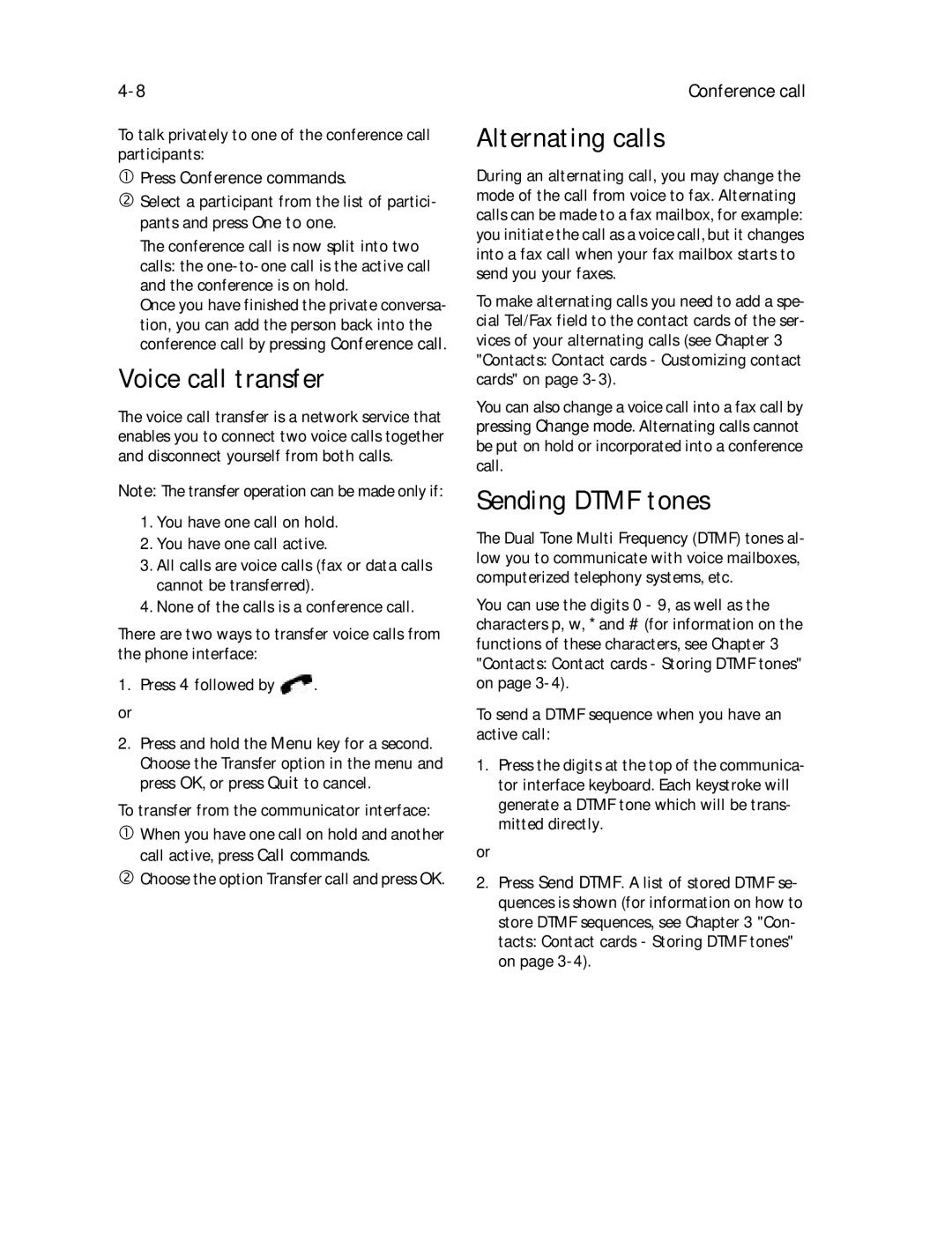 Nokia 9000il owner manual Voice call transfer, Alternating calls, Sending Dtmf tones, Conference call 