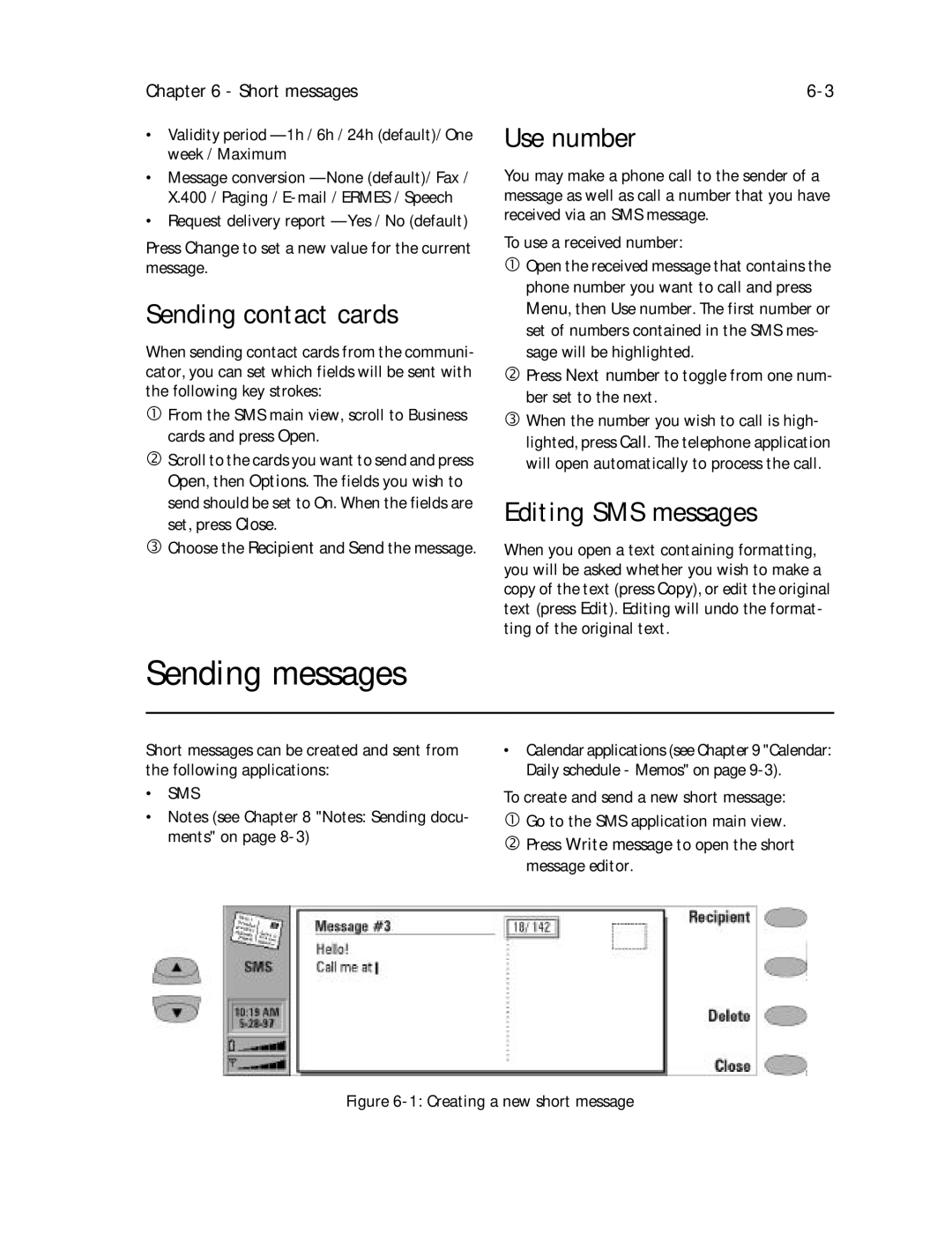 Nokia 9000il owner manual Sending messages, Sending contact cards, Use number, Editing SMS messages 