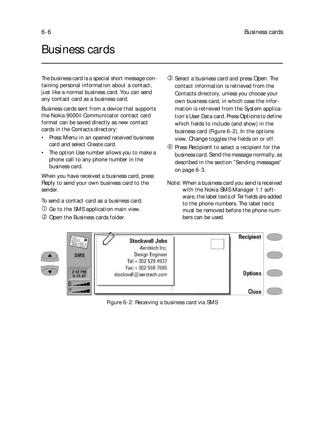 Nokia 9000il owner manual Business cards, Receiving a business card via SMS 