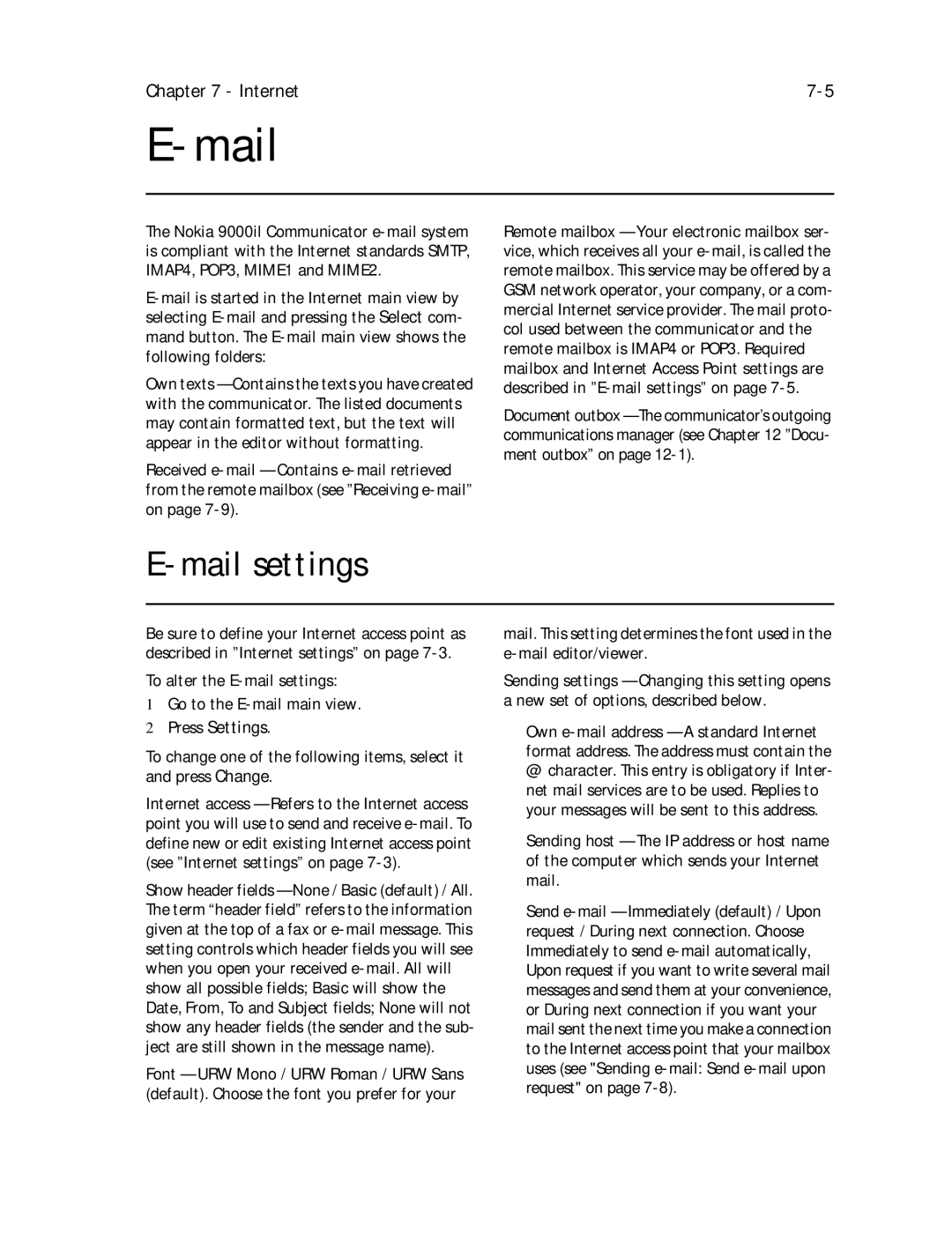 Nokia 9000il owner manual Mail settings, To alter the E-mail settings Go to the E-mail main view 