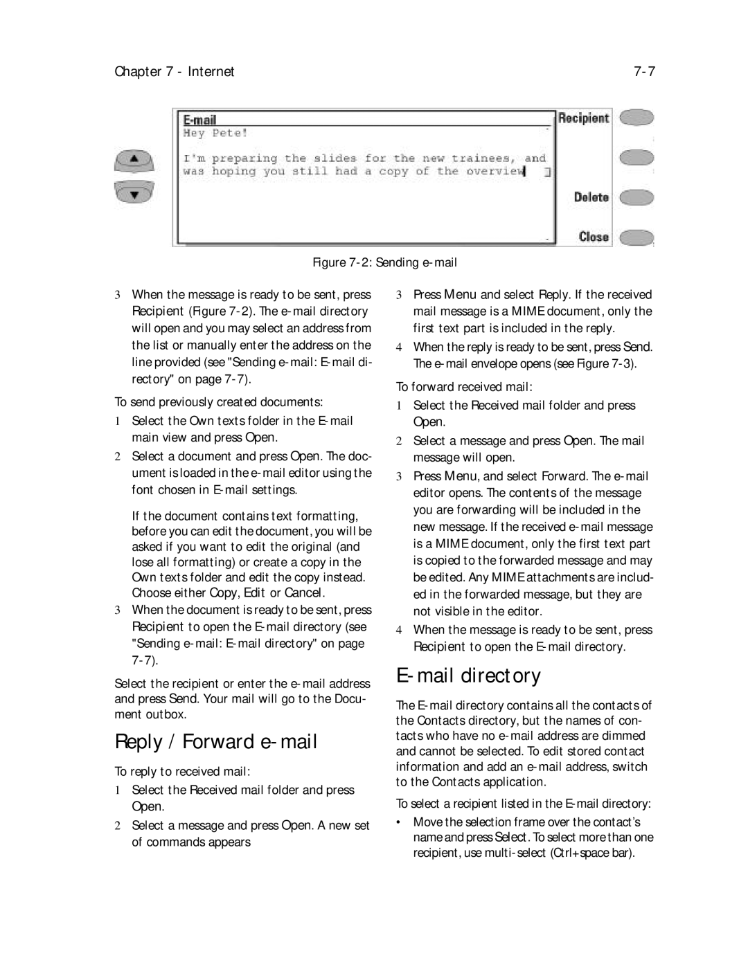 Nokia 9000il owner manual Reply / Forward e-mail, Mail directory, To select a recipient listed in the E-mail directory 