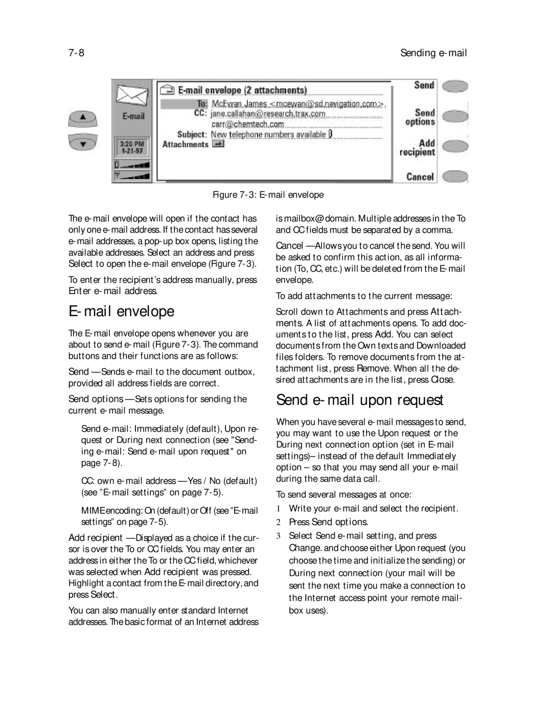 Nokia 9000il owner manual Mail envelope, Send e-mail upon request, Mime encoding On default or Off see E-mail settings on 