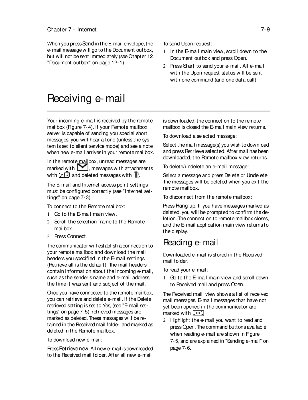 Nokia 9000il owner manual Receiving e-mail, Reading e-mail 