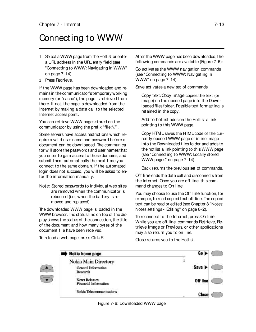 Nokia 9000il owner manual Connecting to WWW, To reload a web page, press Ctrl+R, Back returns the previous set of commands 