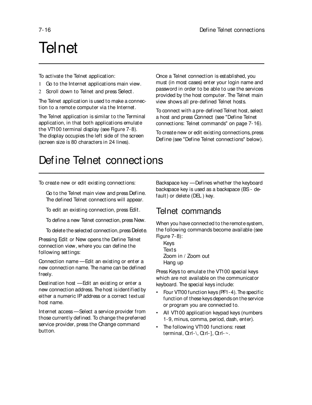 Nokia 9000il owner manual Define Telnet connections, Telnet commands, To create new or edit existing connections 