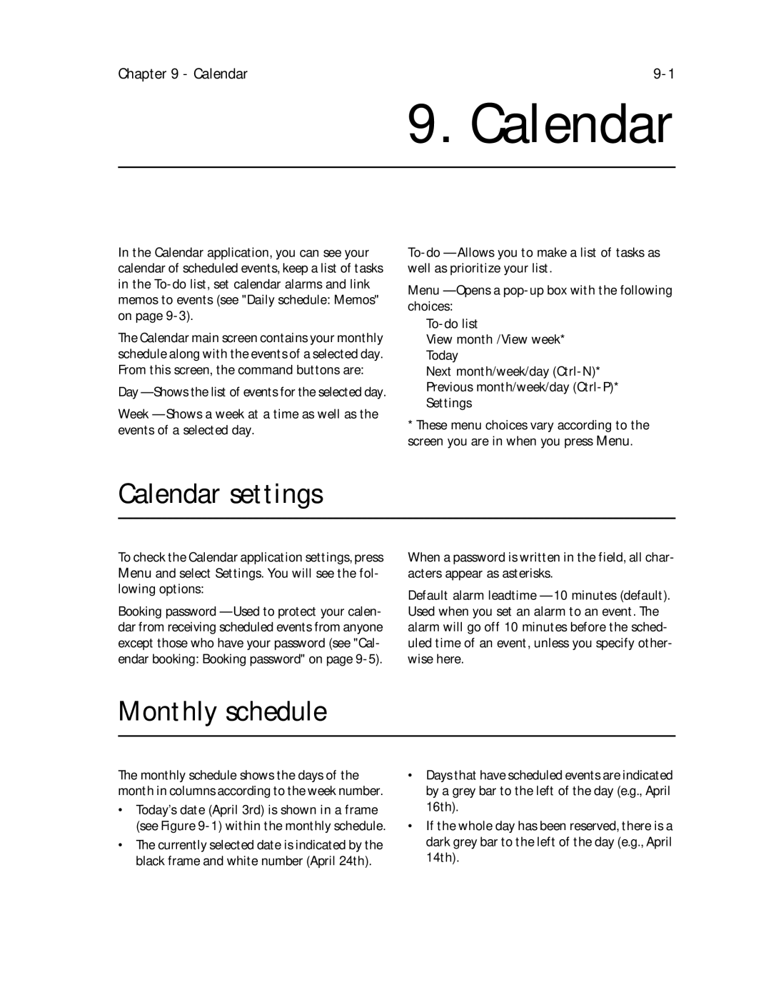 Nokia 9000il owner manual Calendar settings, Monthly schedule 