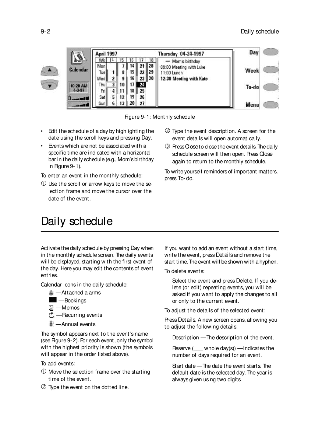 Nokia 9000il owner manual Daily schedule, To delete events, To adjust the details of the selected event 