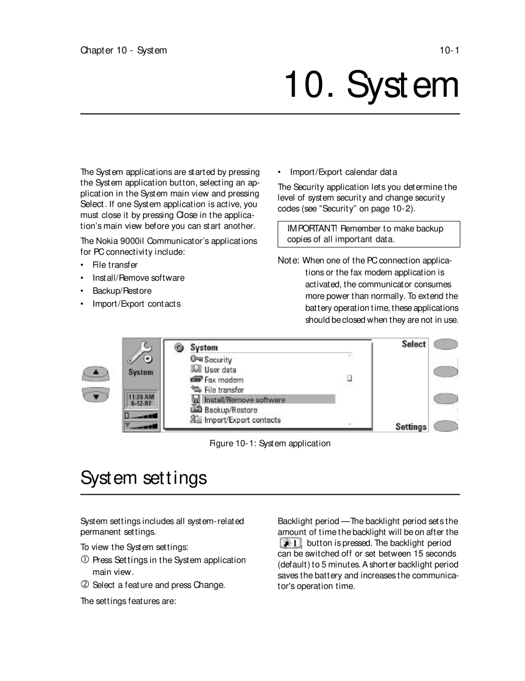 Nokia 9000il owner manual System settings, System 10-1 