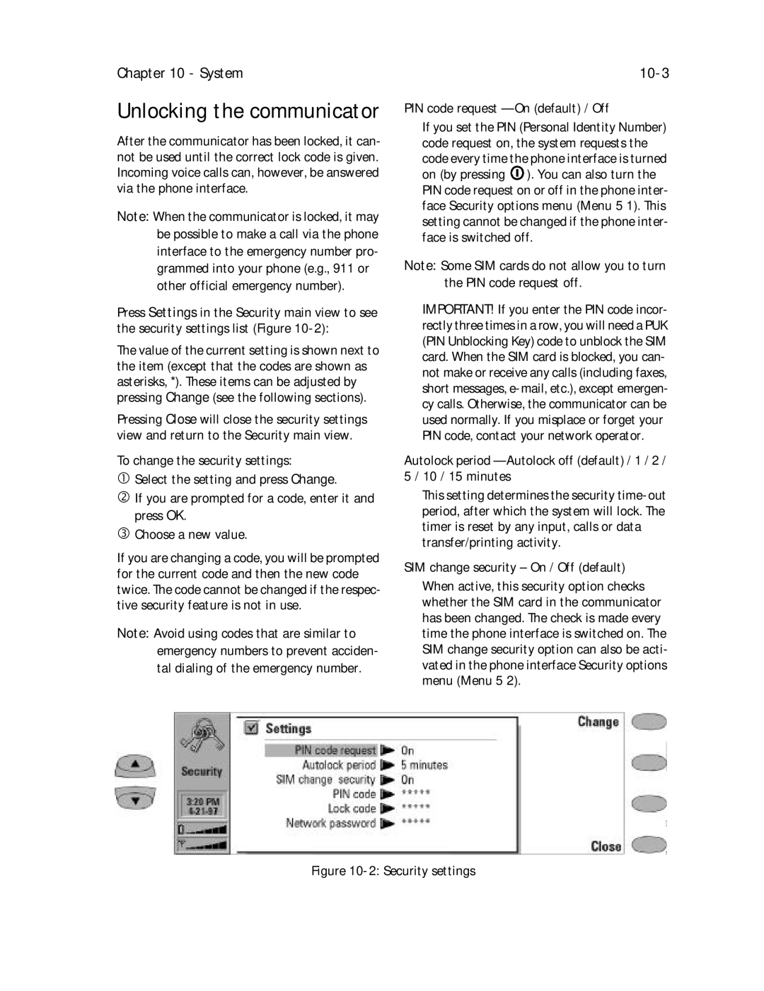 Nokia 9000il owner manual System, 10-3, PIN code request On default / Off 