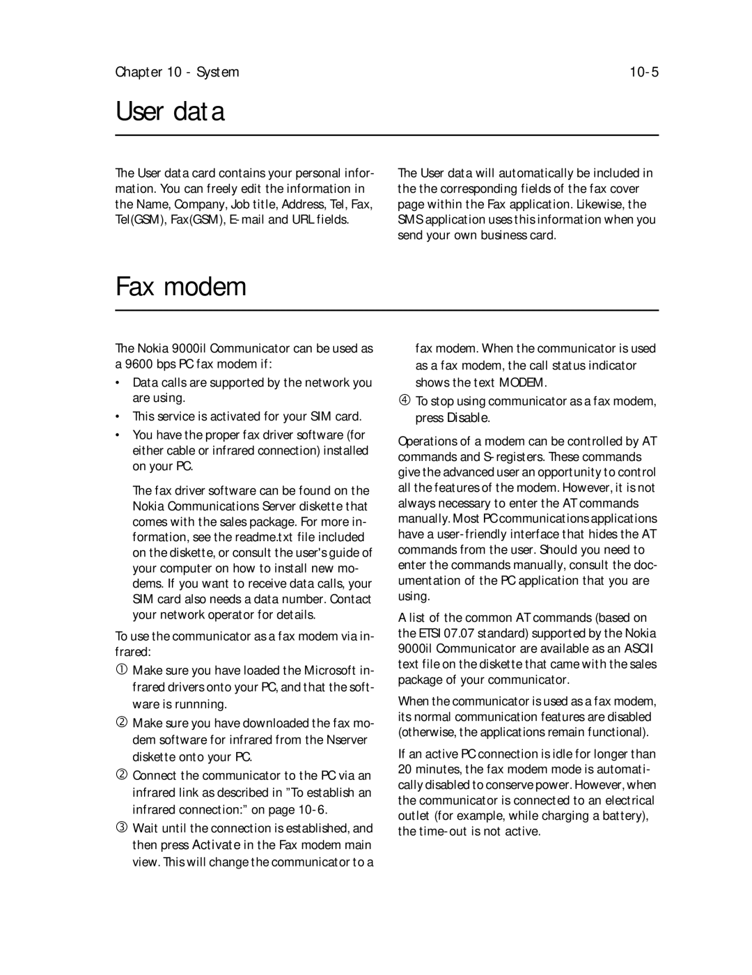 Nokia 9000il owner manual User data, Fax modem, System 10-5, To use the communicator as a fax modem via in- frared 