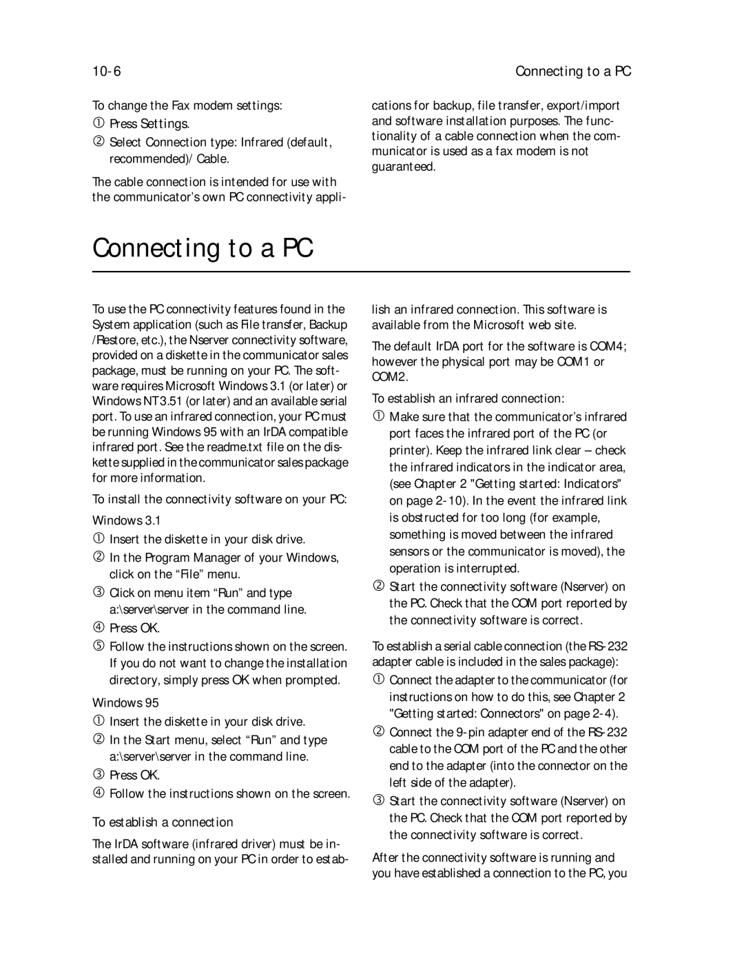 Nokia 9000il owner manual Connecting to a PC, 10-6, To establish a connection 