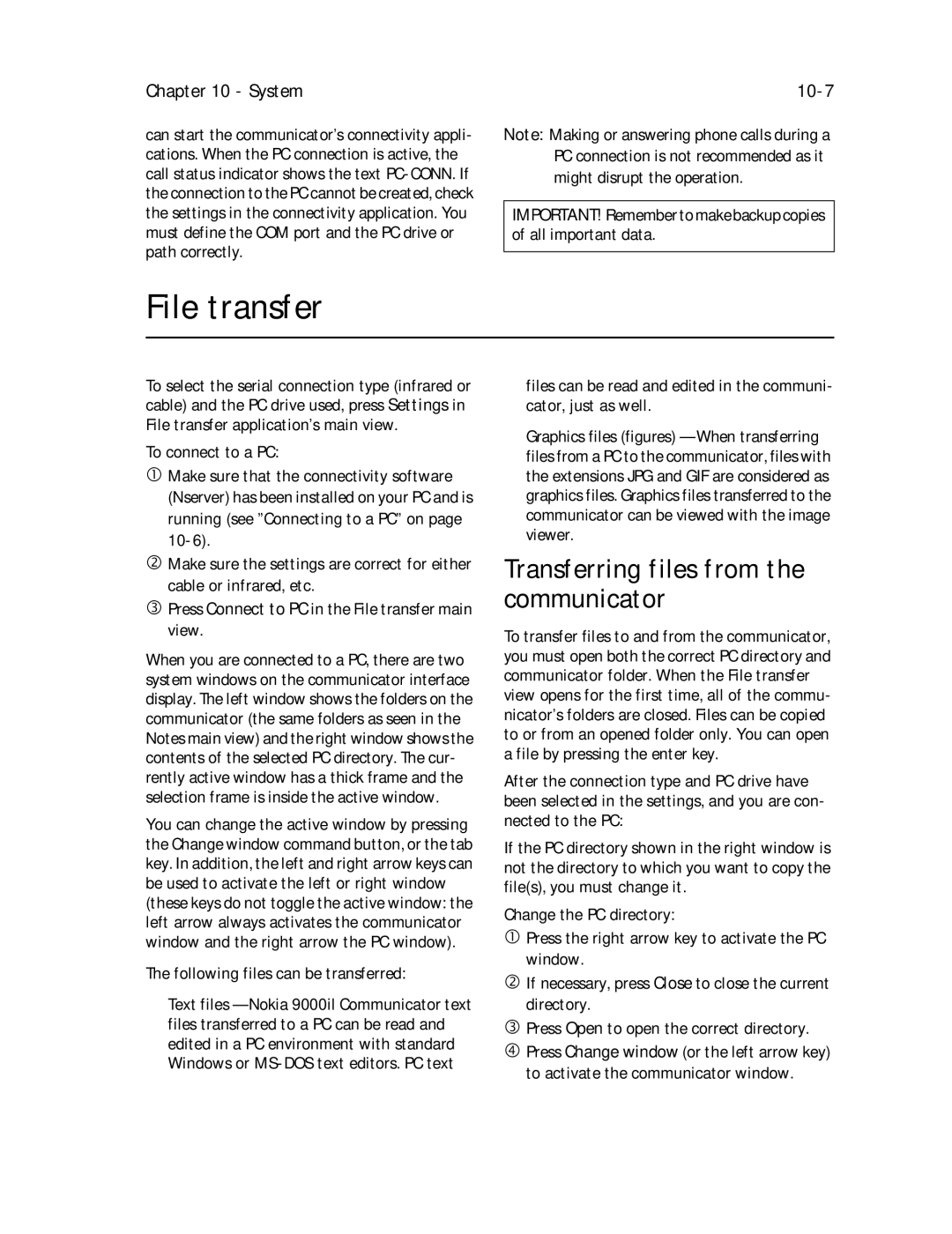 Nokia 9000il File transfer, Transferring files from Communicator, System 10-7, Following files can be transferred 