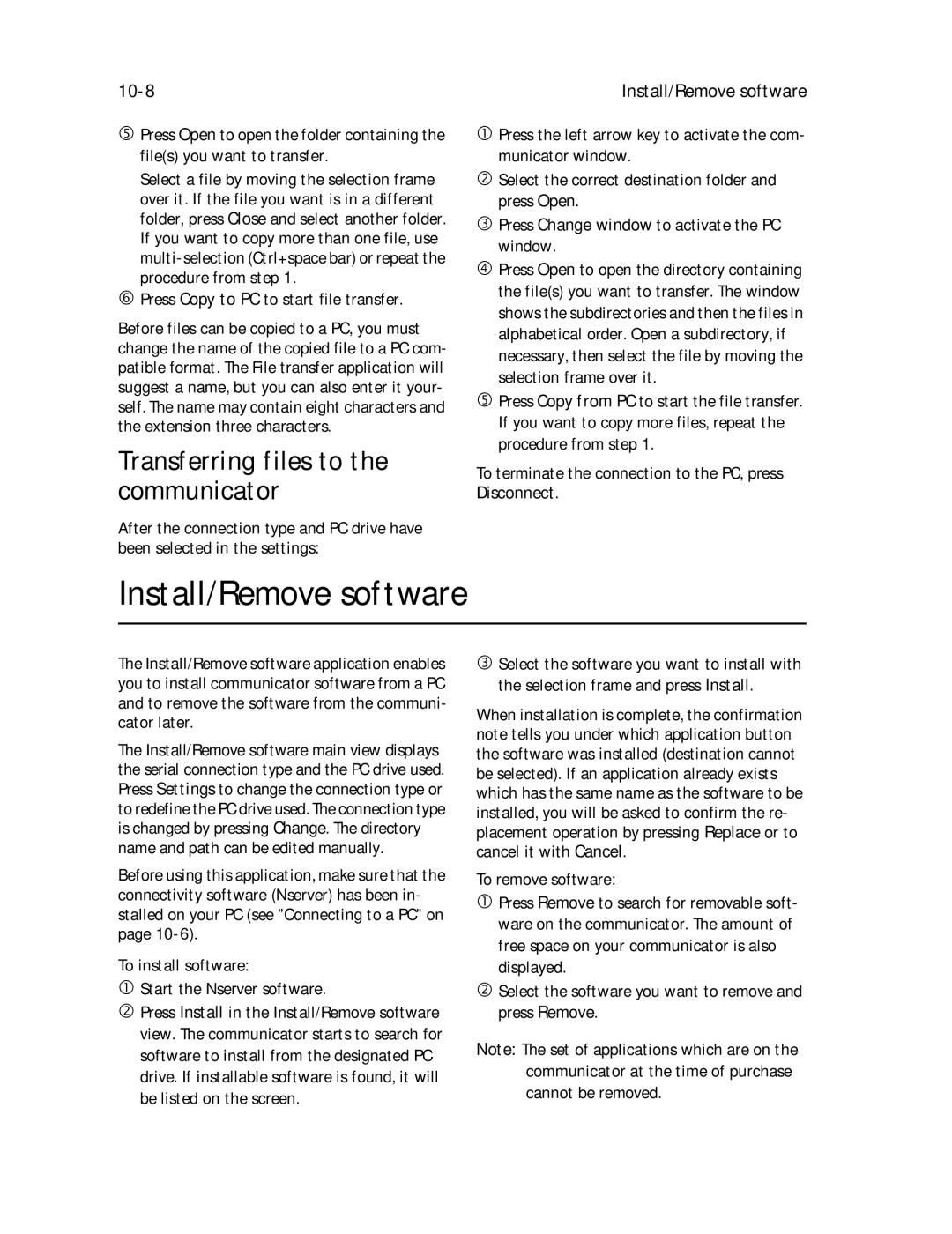 Nokia 9000il owner manual Install/Remove software, Transferring files to Communicator, 10-8 