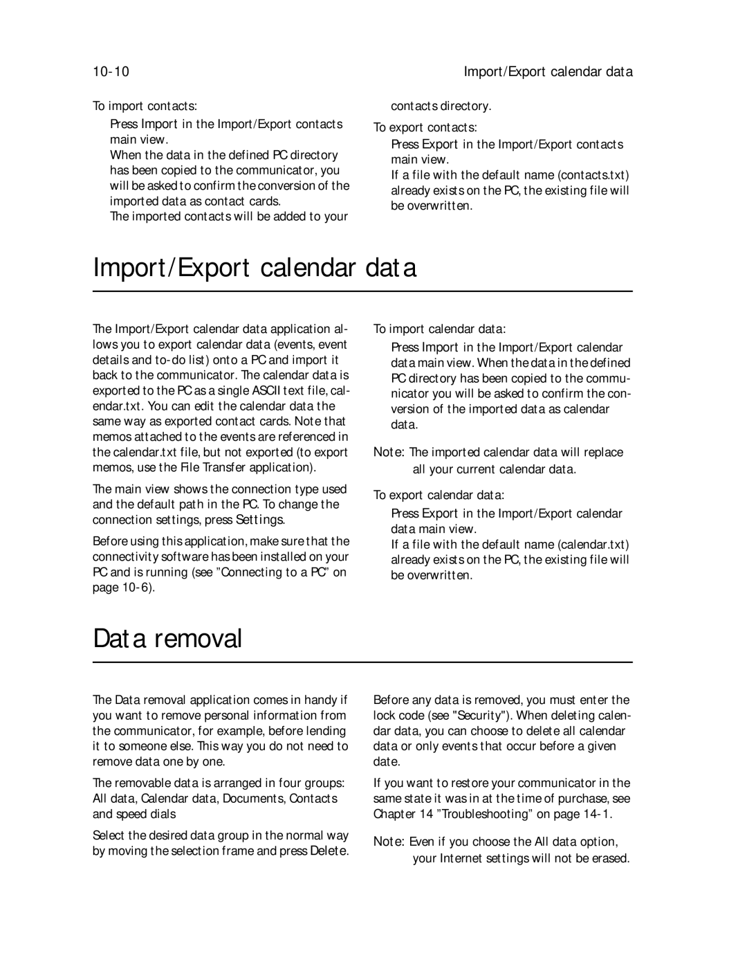 Nokia 9000il owner manual Import/Export calendar data, Data removal, 10-10 