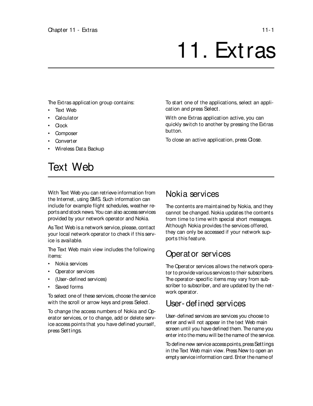 Nokia 9000il owner manual Extras, Text Web, Nokia services, Operator services, User-defined services 