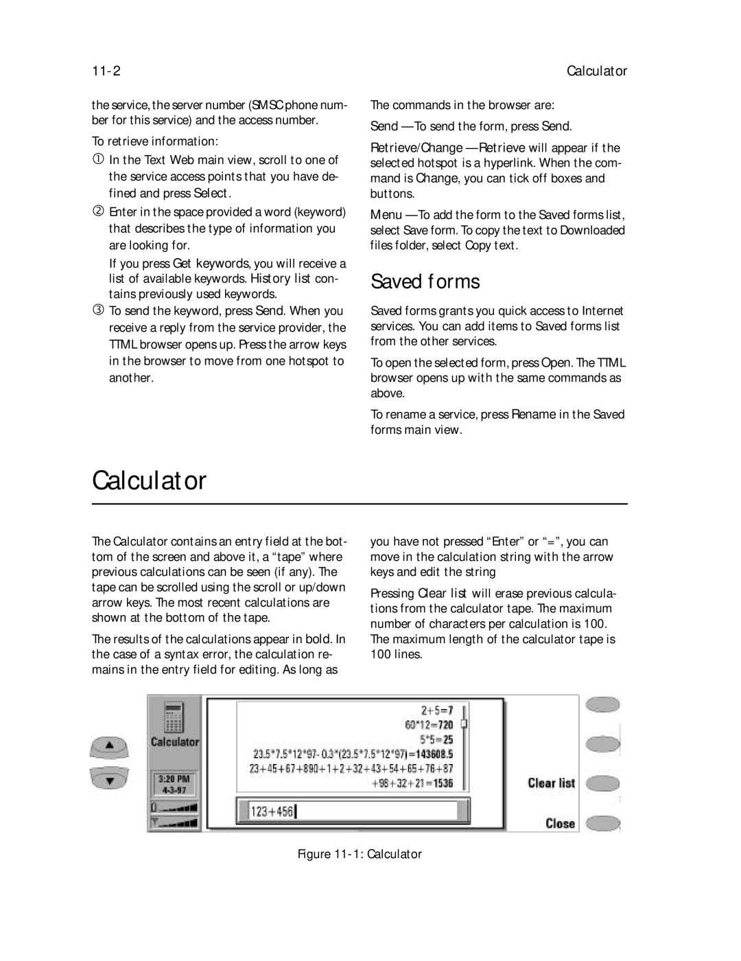 Nokia 9000il owner manual Calculator, Saved forms, 11-2, Maximum length of the calculator tape is 100 lines 