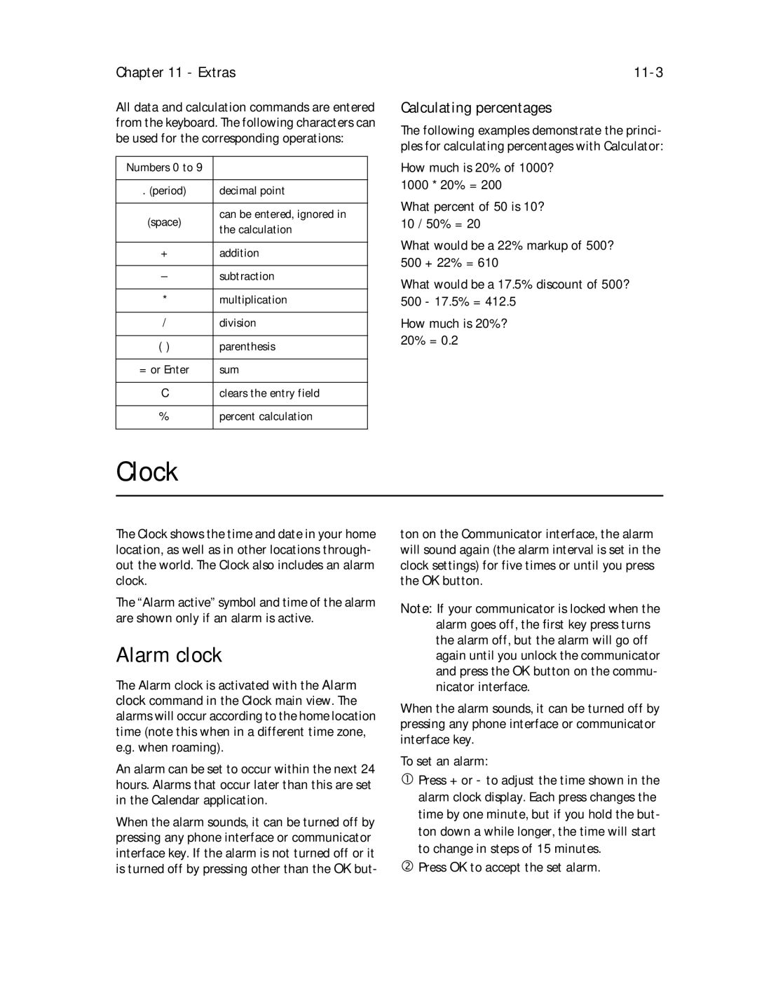 Nokia 9000il owner manual Clock, Alarm clock, Extras, 11-3, Calculating percentages 