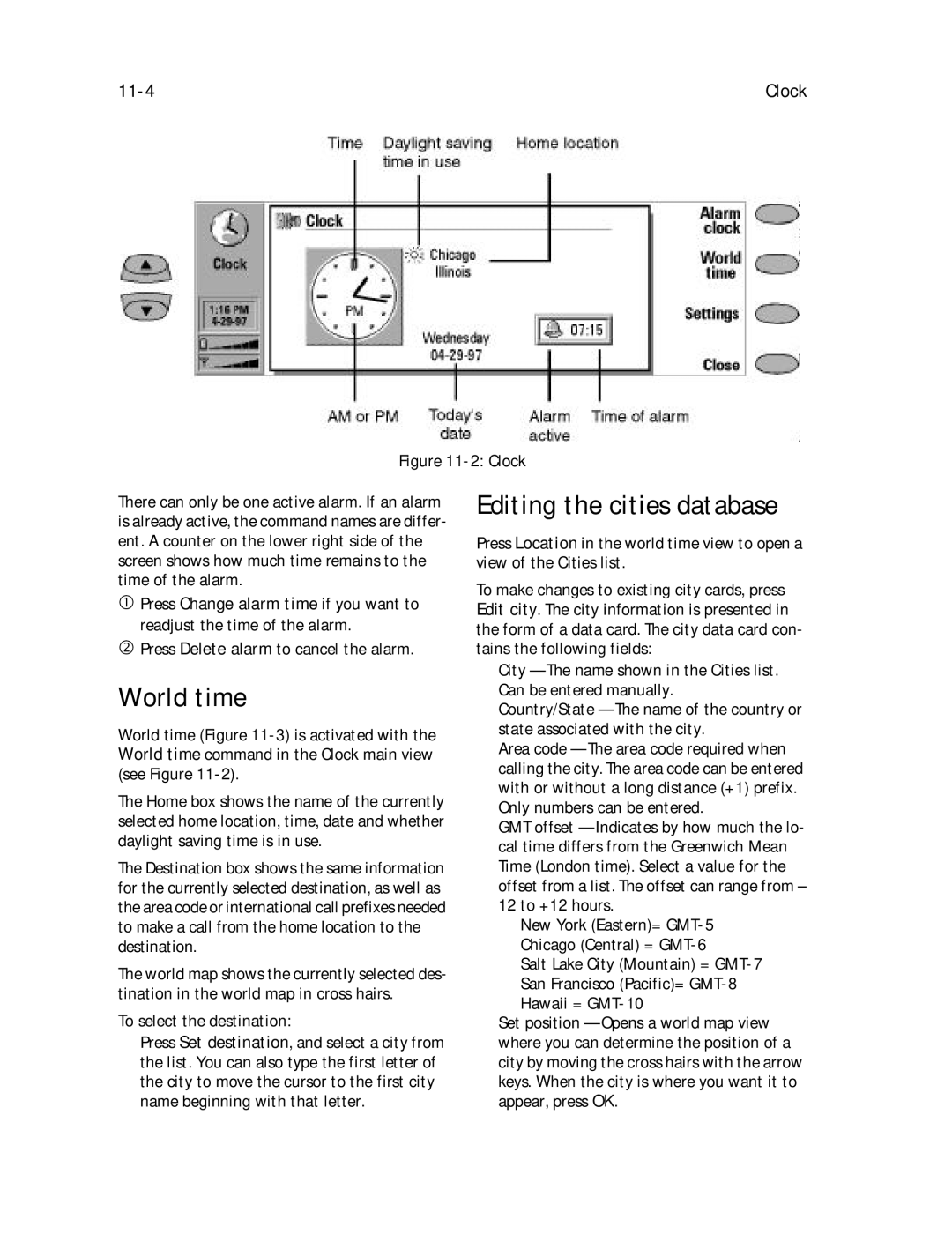 Nokia 9000il owner manual World time, Editing the cities database, 11-4, ‚ Press Delete alarm to cancel the alarm 