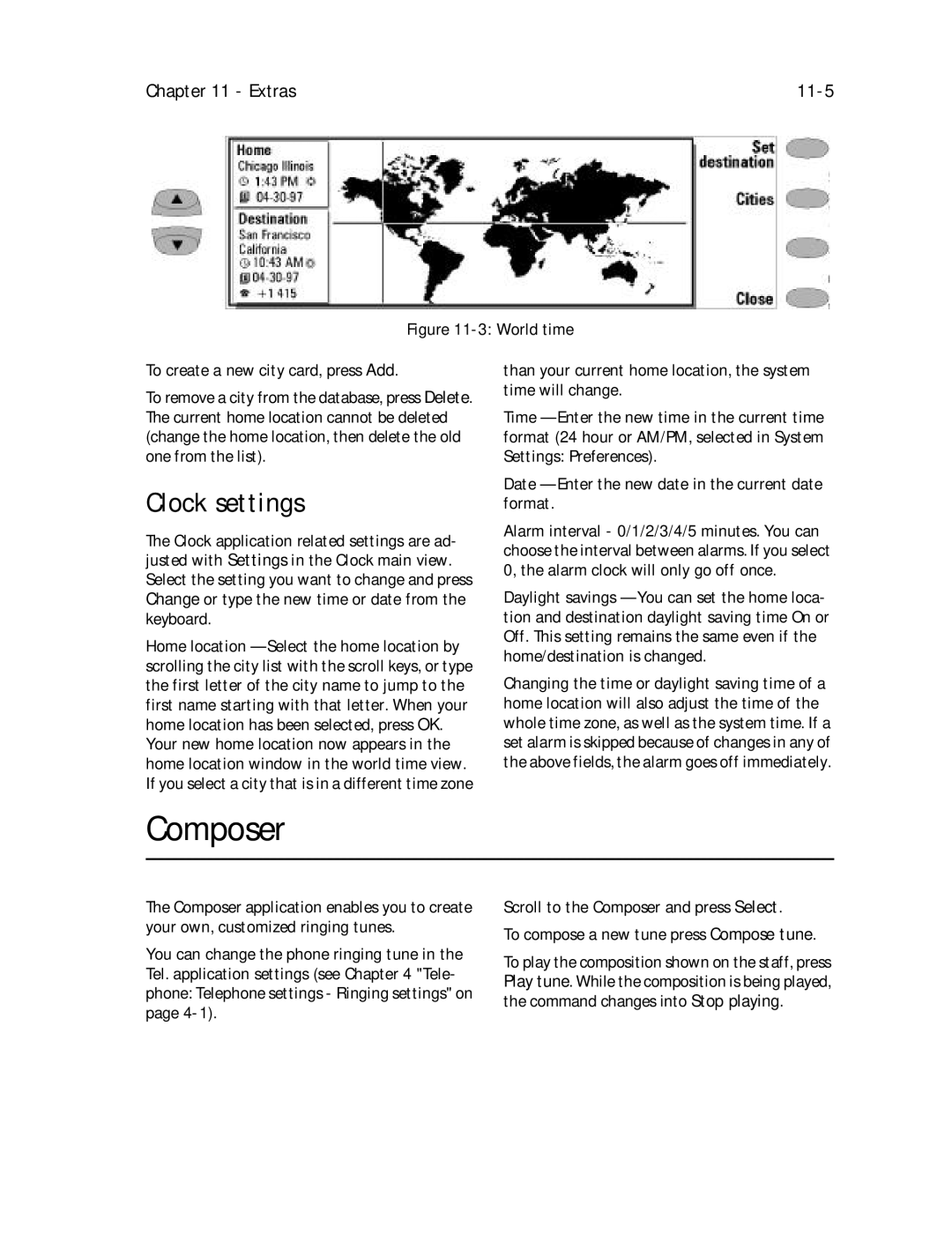 Nokia 9000il owner manual Composer, Clock settings, Extras 11-5 