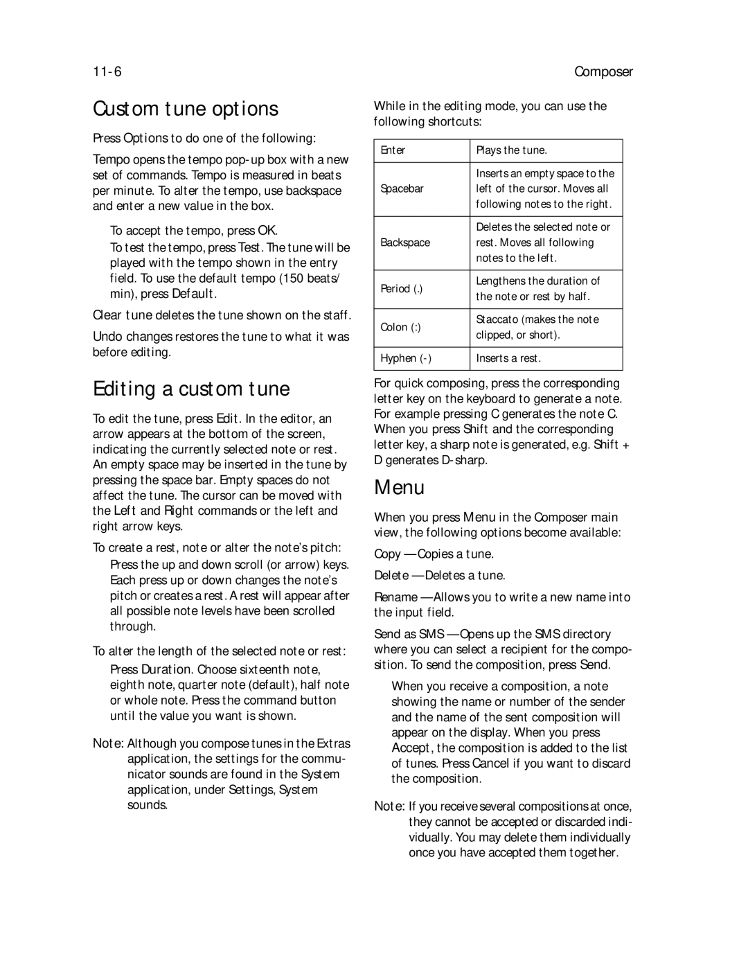 Nokia 9000il owner manual Custom tune options, Editing a custom tune, 11-6, Composer 