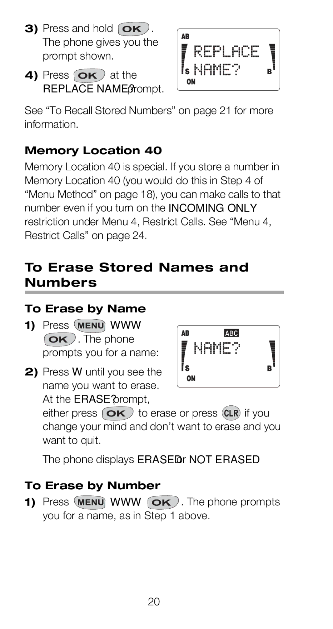 Nokia 918 owner manual To Erase Stored Names and Numbers, Memory Location, To Erase by Name, To Erase by Number 