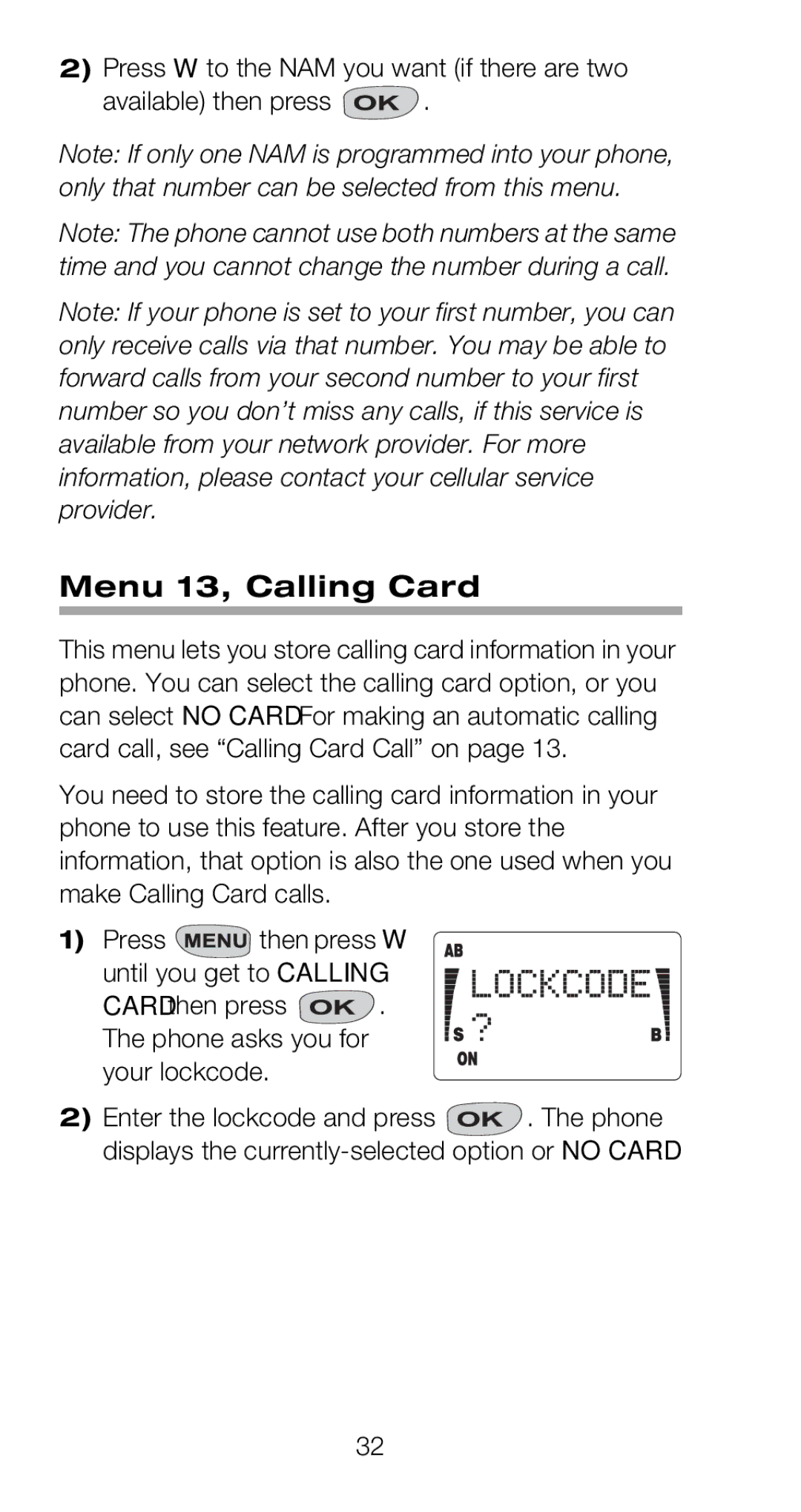 Nokia 918 owner manual Menu 13, Calling Card 