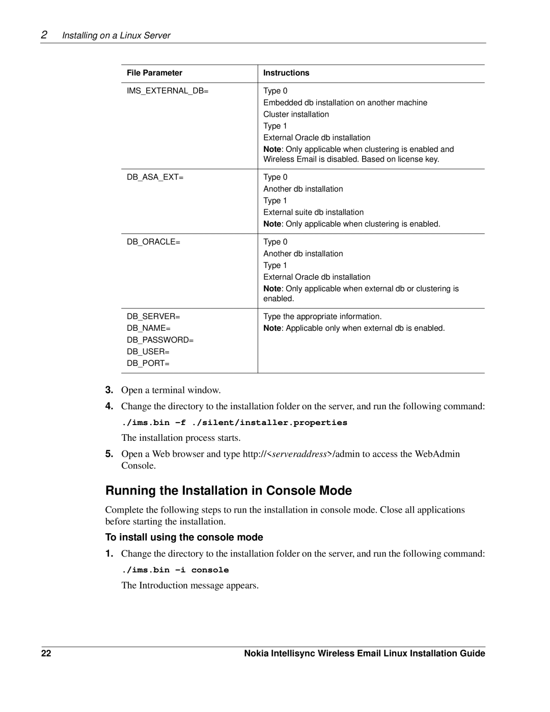 Nokia 9.2 manual To install using the console mode, Imsexternaldb= 