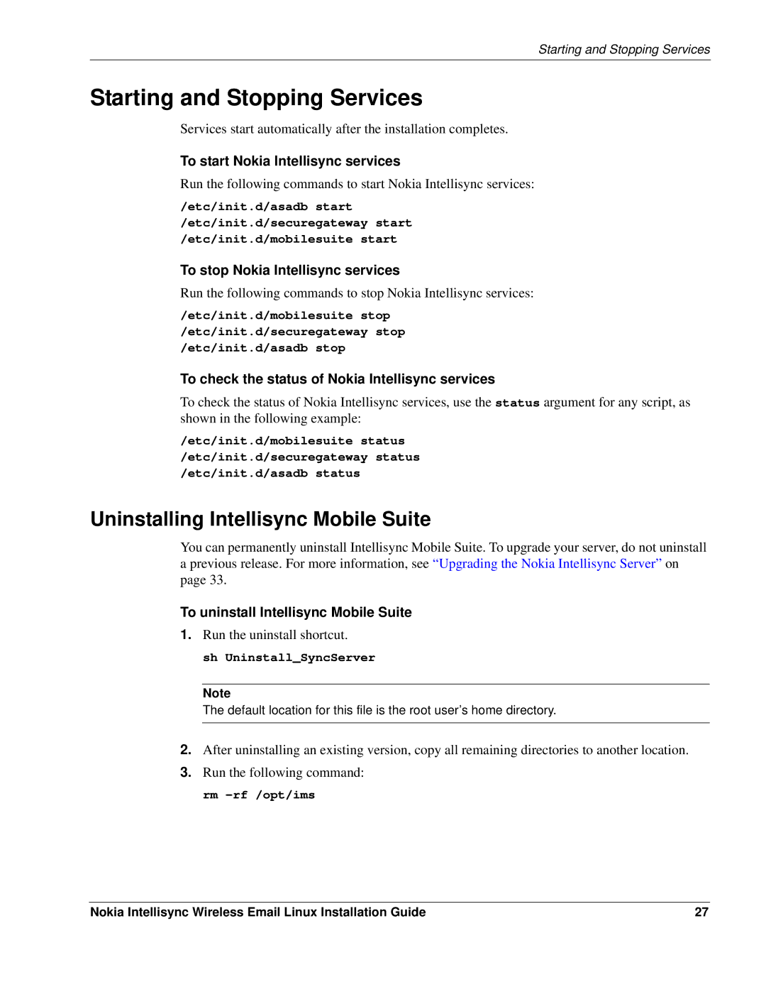 Nokia 9.2 manual Starting and Stopping Services, Uninstalling Intellisync Mobile Suite 