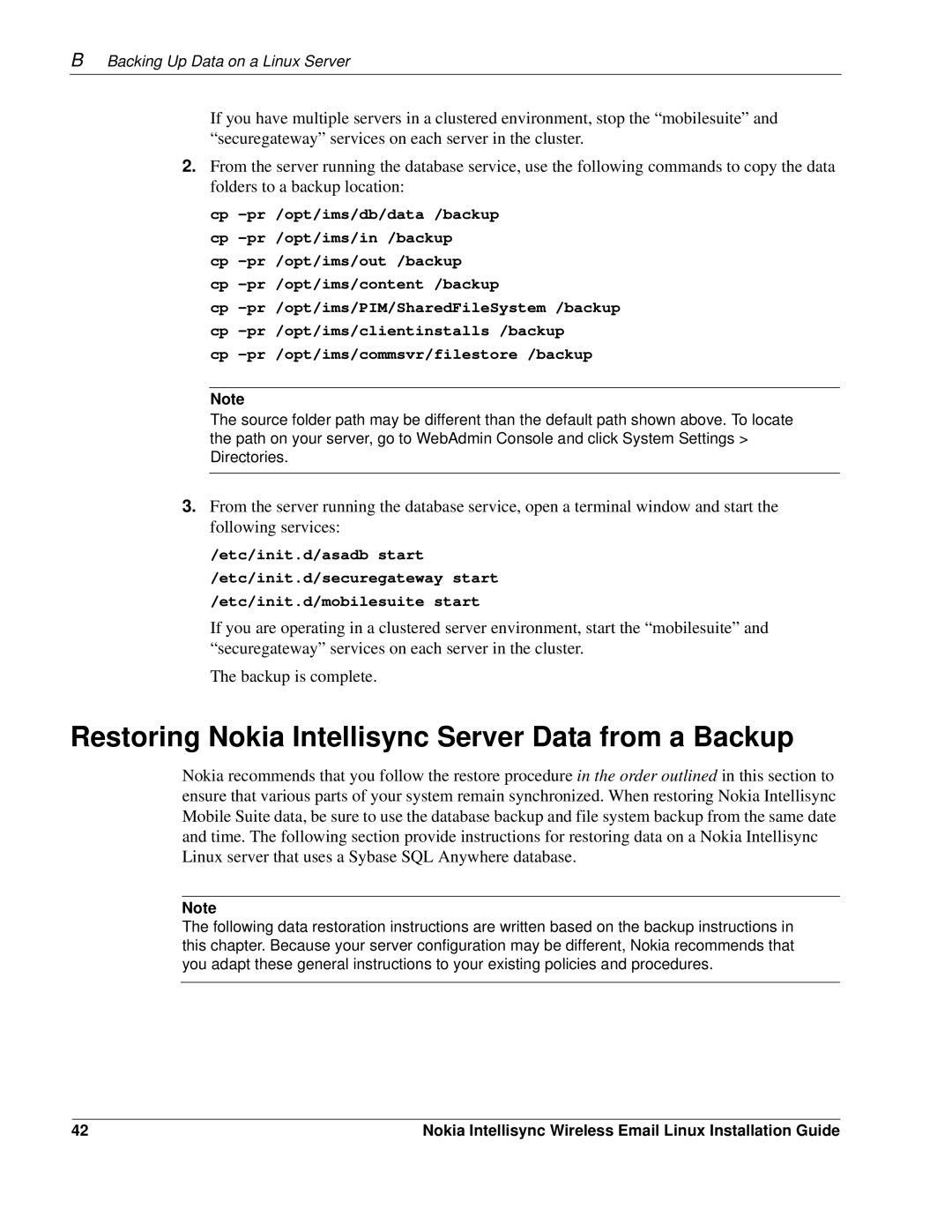 Nokia 9.2 manual Restoring Nokia Intellisync Server Data from a Backup 