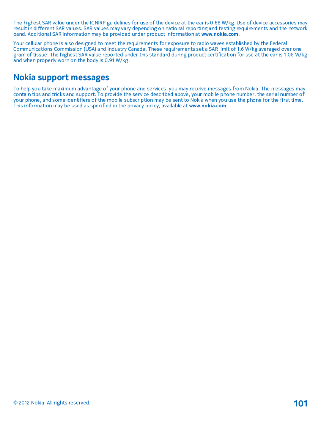 Nokia 920 manual Nokia support messages, 101 