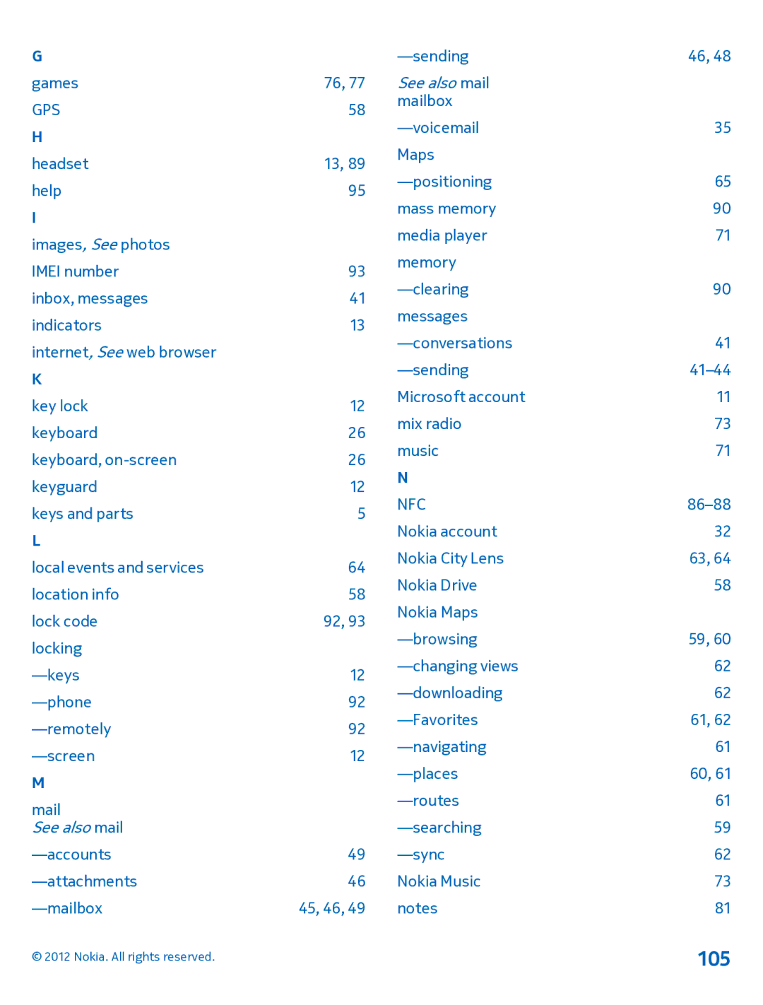 Nokia 920 manual 105, See also mail 